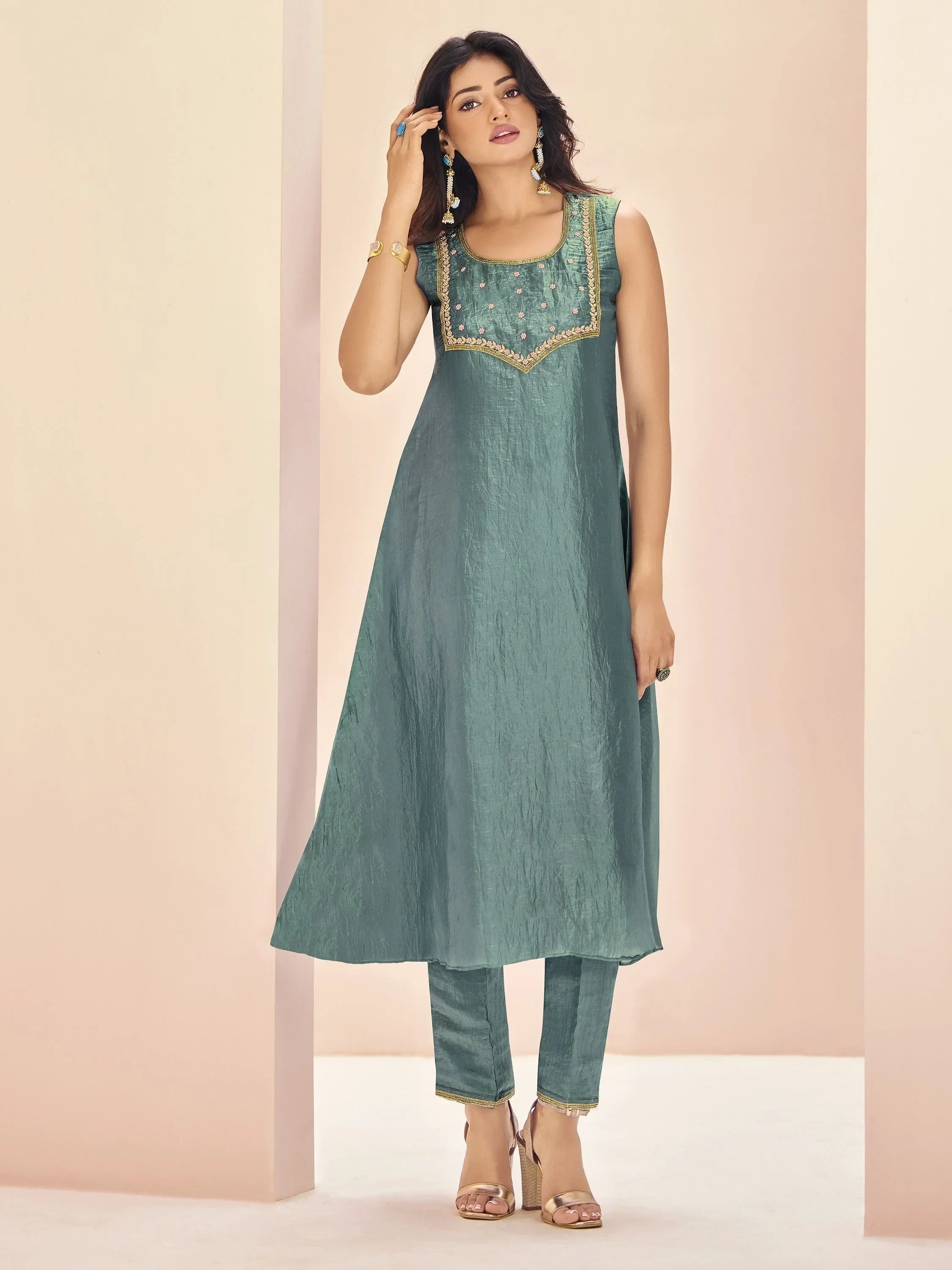 Magnetic Aqua Blue Embroidered Organza Event Wear Pant Suit
