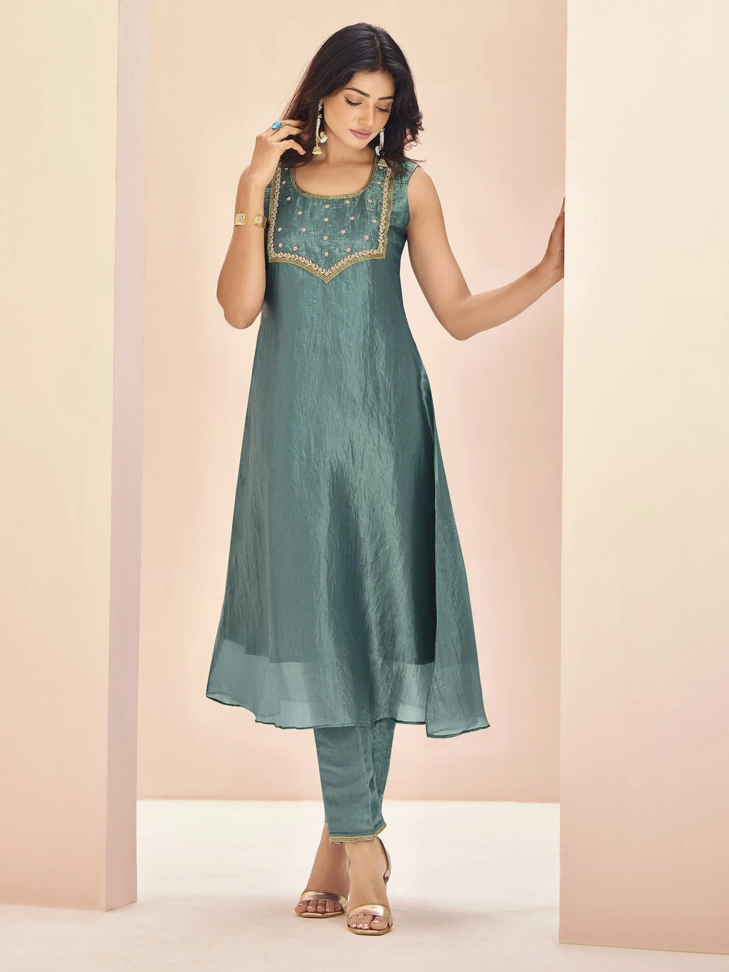 Magnetic Aqua Blue Embroidered Organza Event Wear Pant Suit