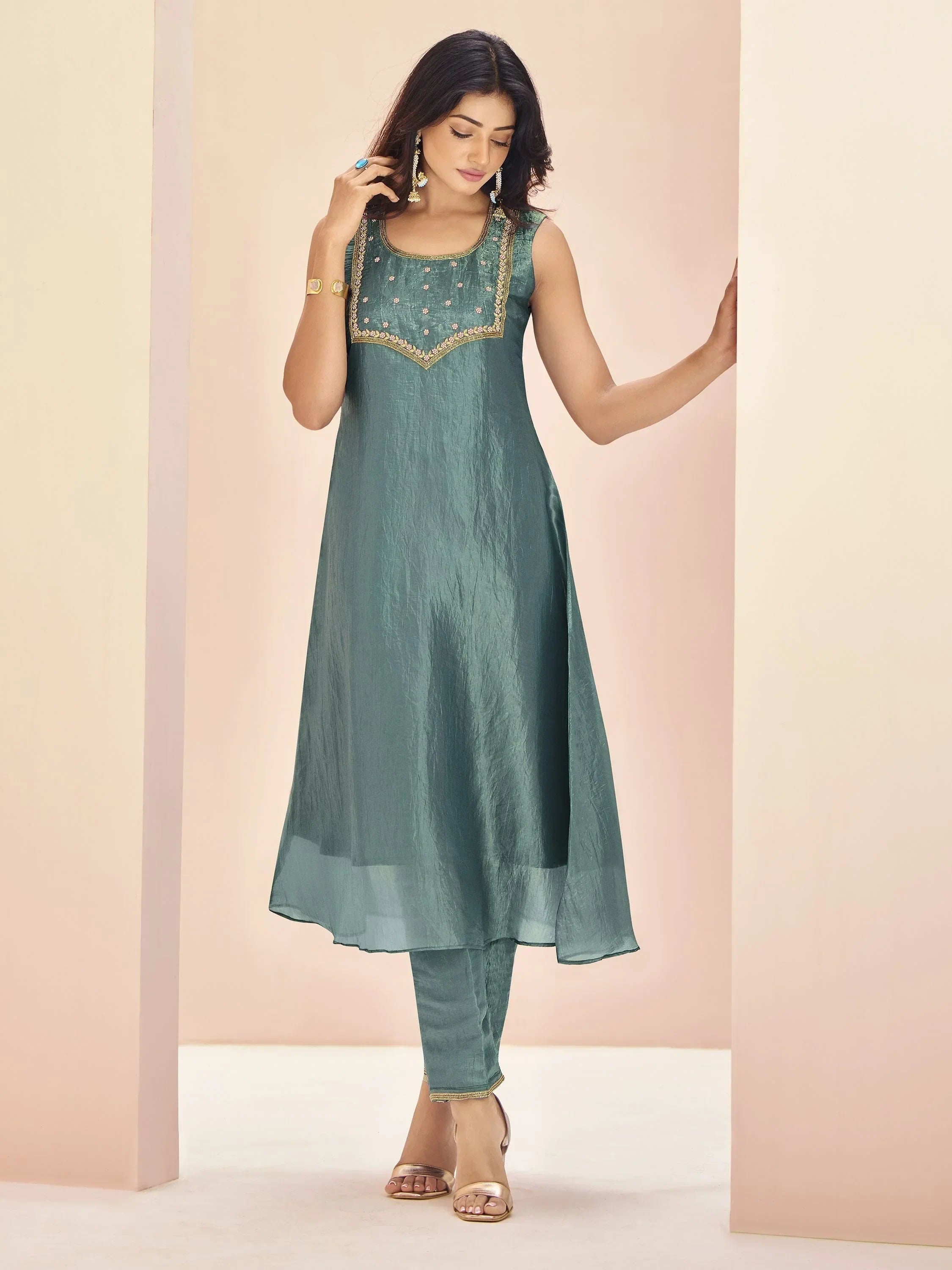 Magnetic Aqua Blue Embroidered Organza Event Wear Pant Suit