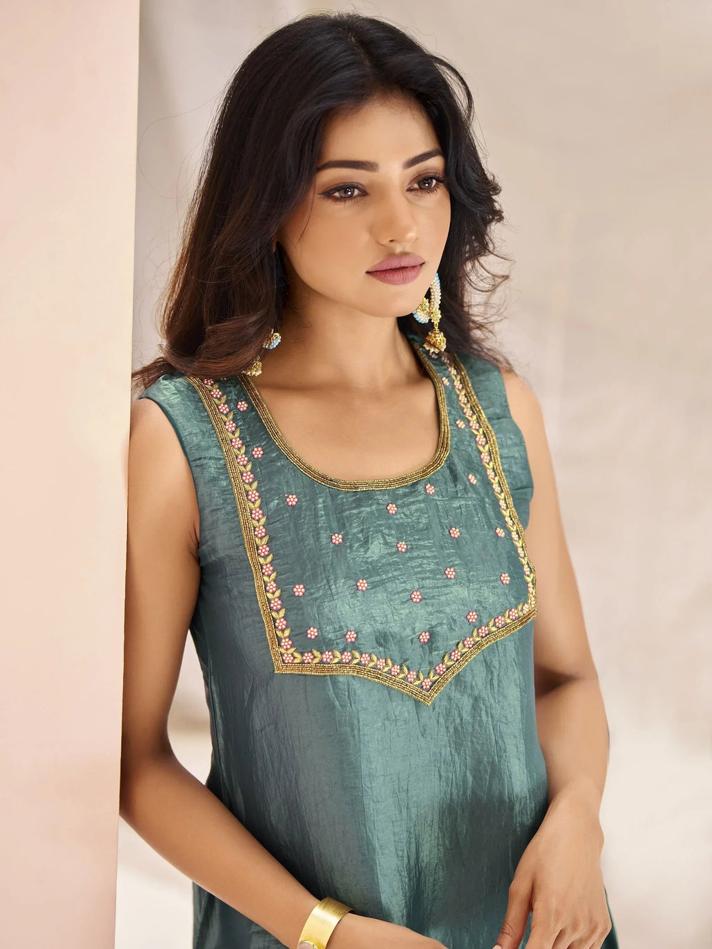 Magnetic Aqua Blue Embroidered Organza Event Wear Pant Suit
