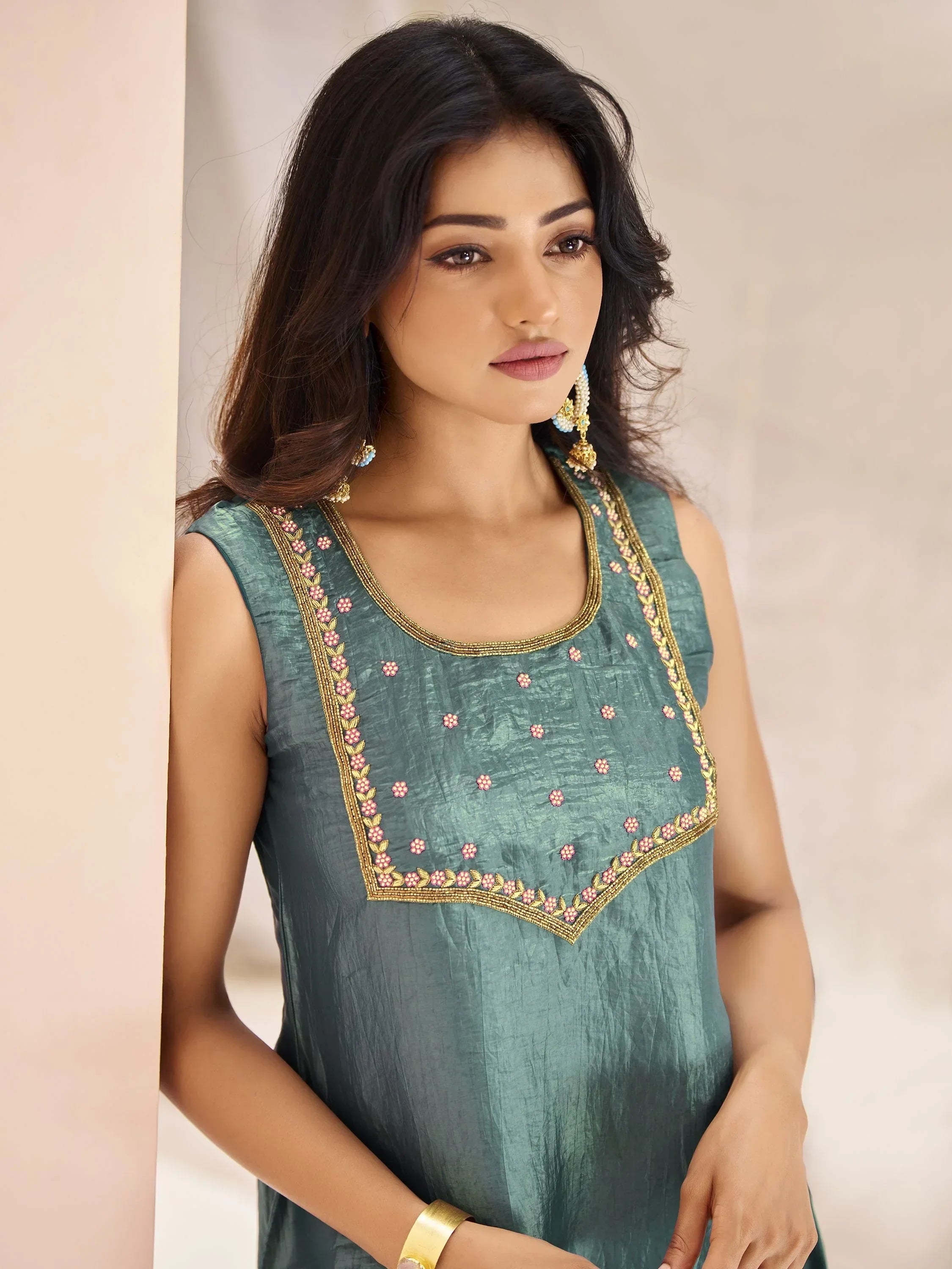 Magnetic Aqua Blue Embroidered Organza Event Wear Pant Suit