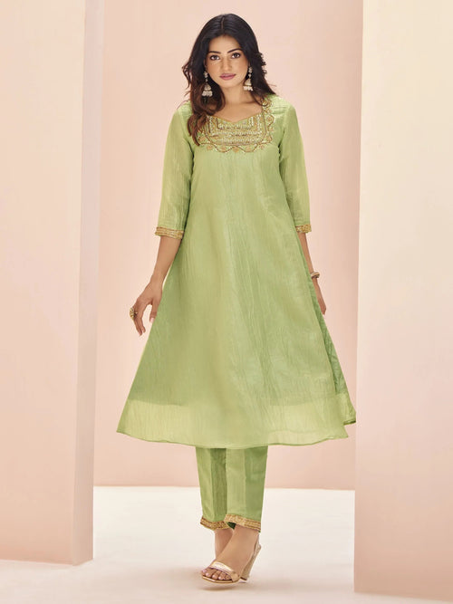 Beautiful Pista Green Embroidered Organza Readymade Pant Suit