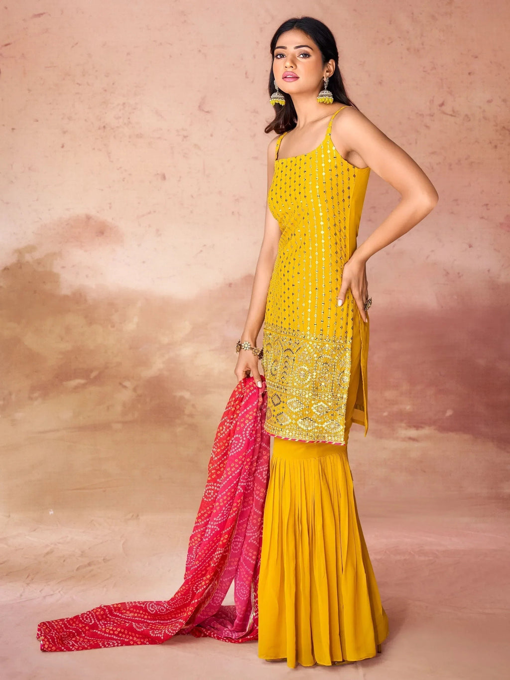 Incredible Yellow Georgette Haldi Wear Sharara Suit With Dupatta