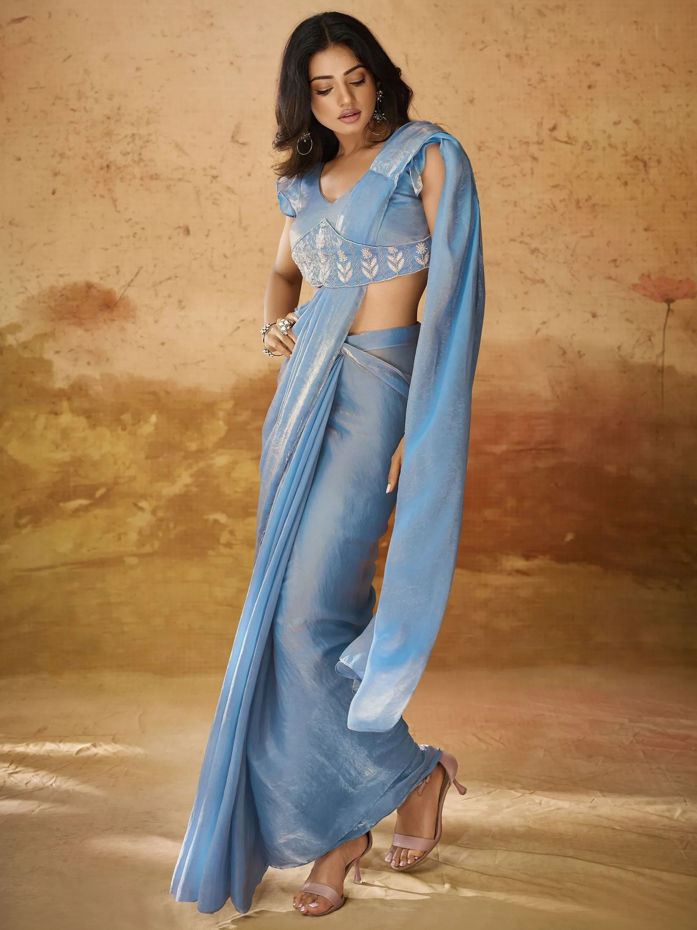 Demanding Blue Hand Work Organza Ready To Wear Saree With Blouse