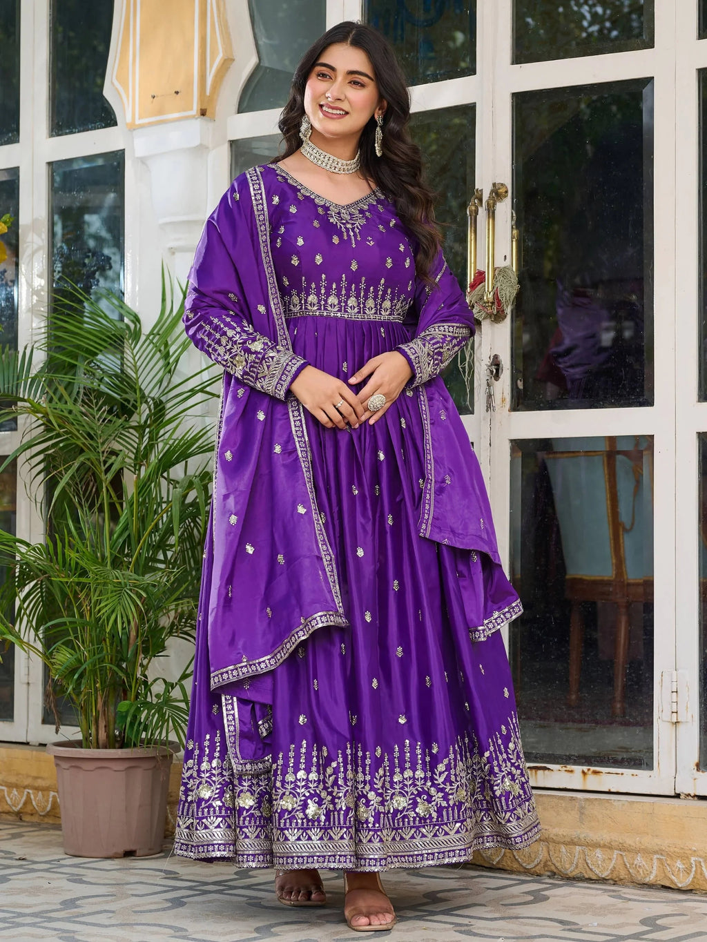 Purple Spectacular Sequins Work Silk Festive Wear Gown With Dupatta