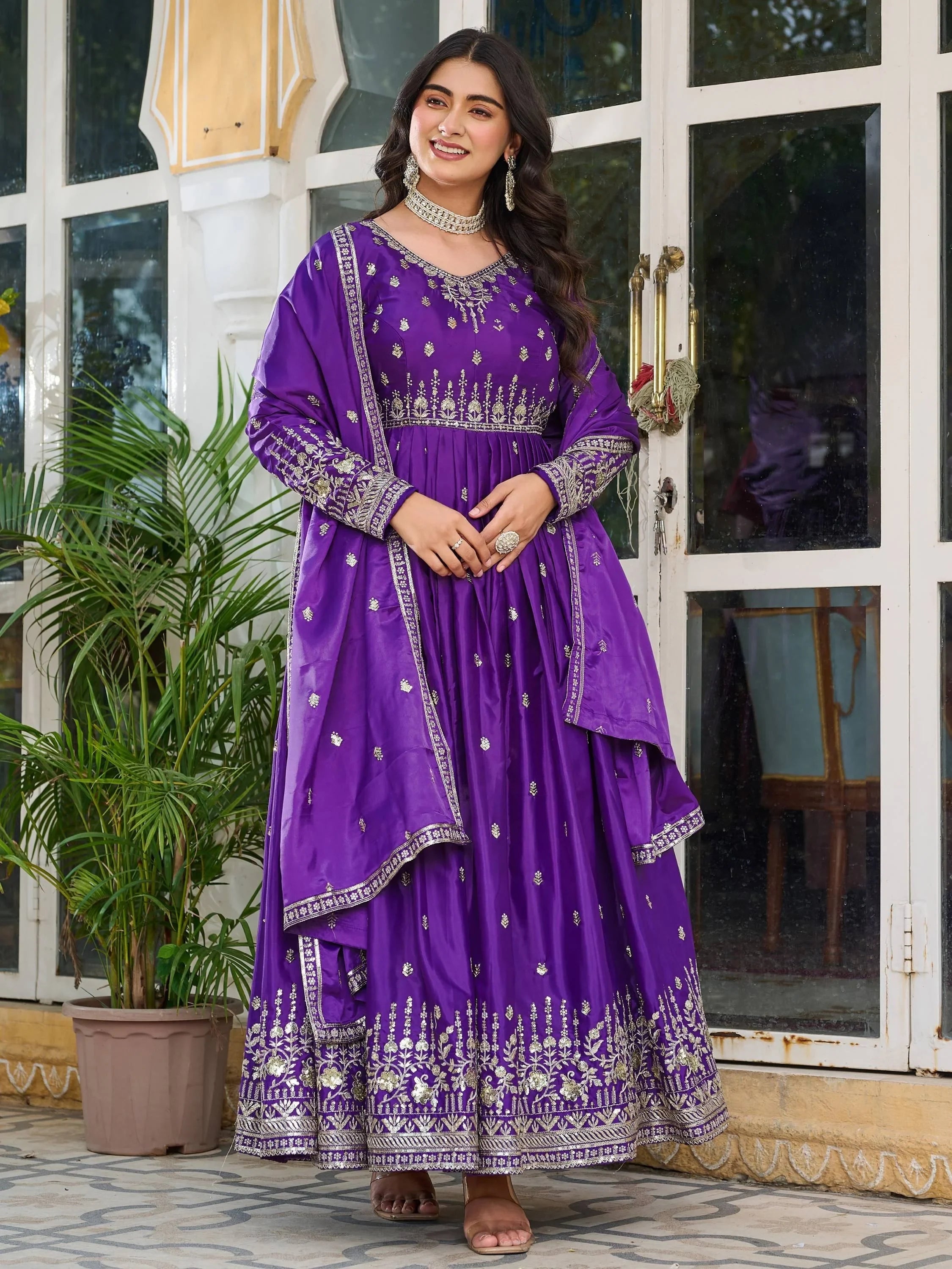 Purple Spectacular Sequins Work Silk Festive Wear Gown With Dupatta