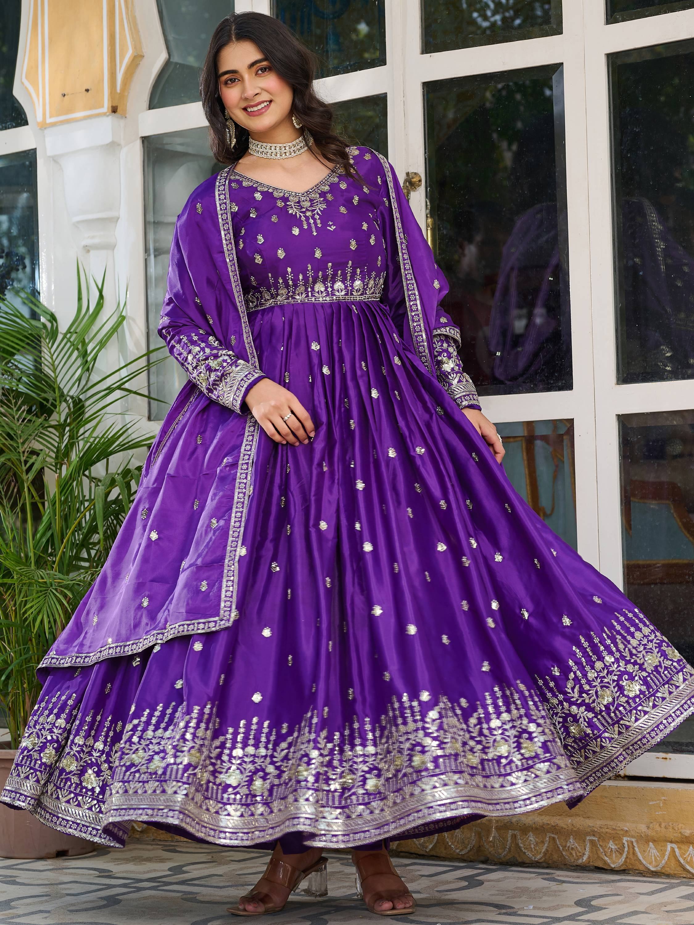 Purple Spectacular Sequins Work Silk Festive Wear Gown With Dupatta
