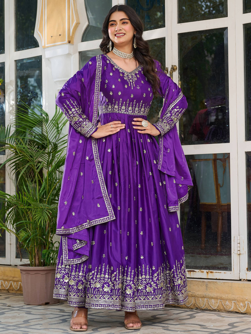Purple Spectacular Sequins Work Silk Festive Wear Gown With Dupatta