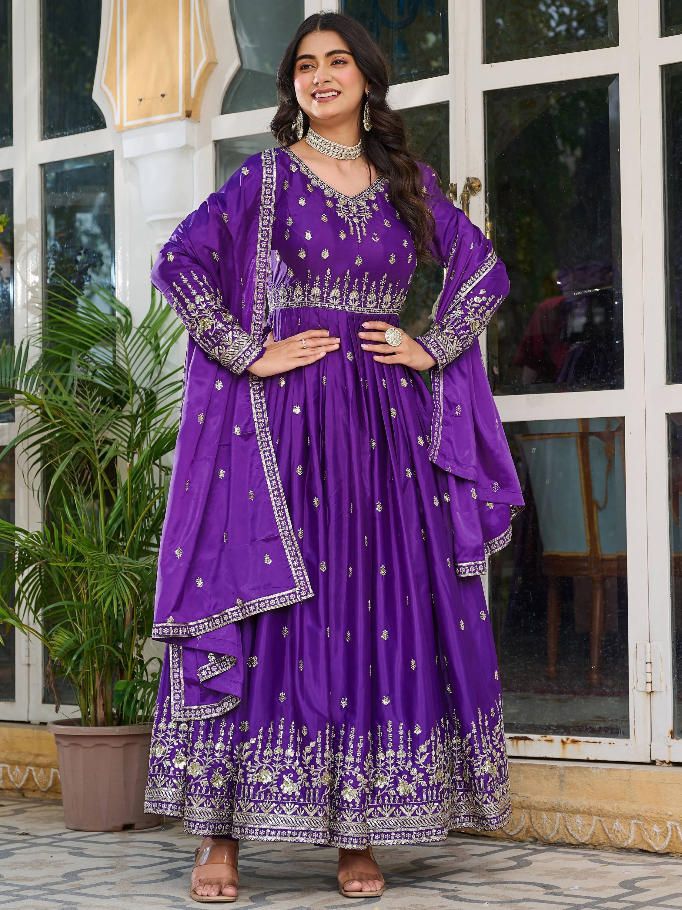Purple Spectacular Sequins Work Silk Festive Wear Gown With Dupatta