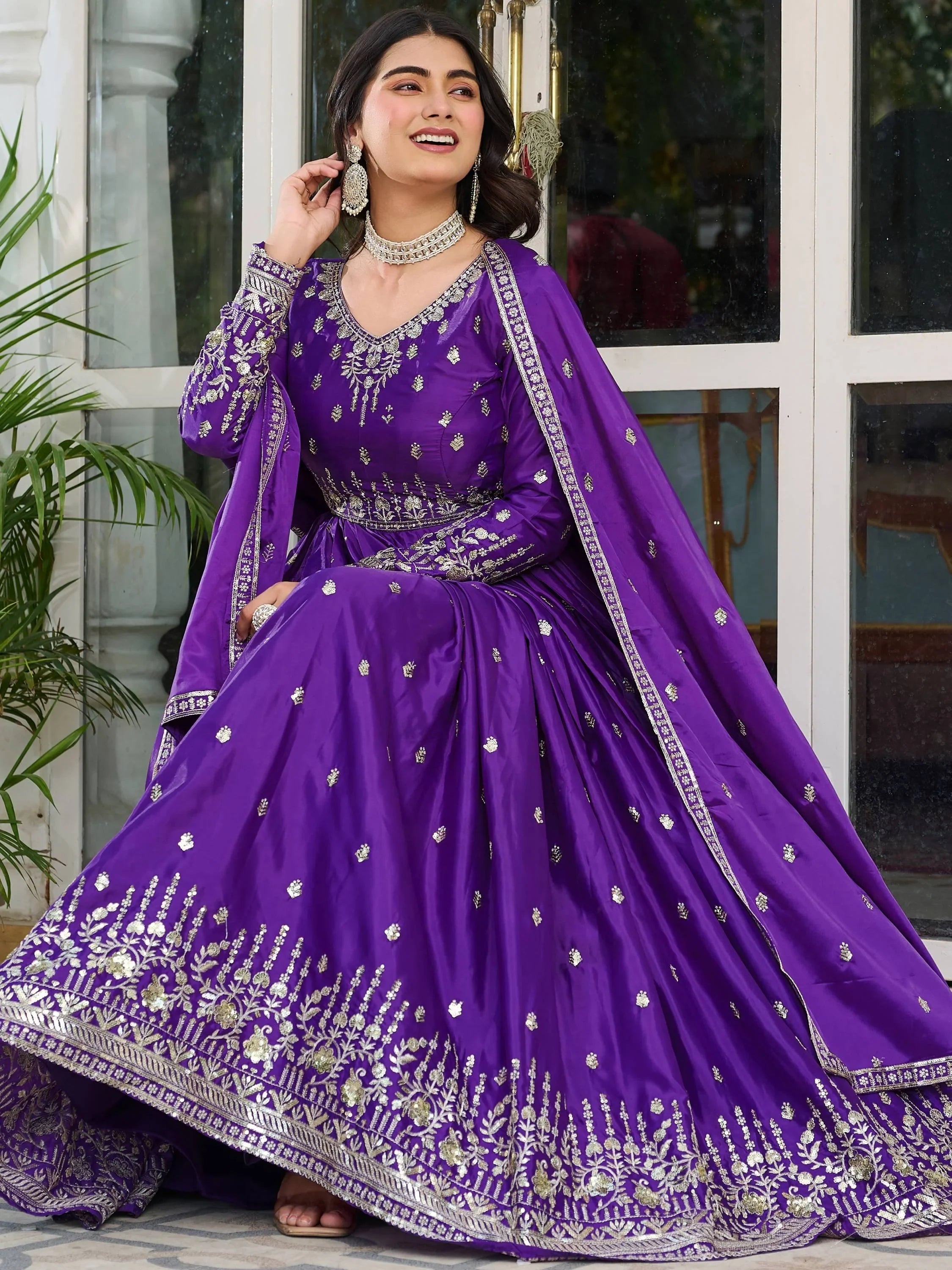 Purple Spectacular Sequins Work Silk Festive Wear Gown With Dupatta