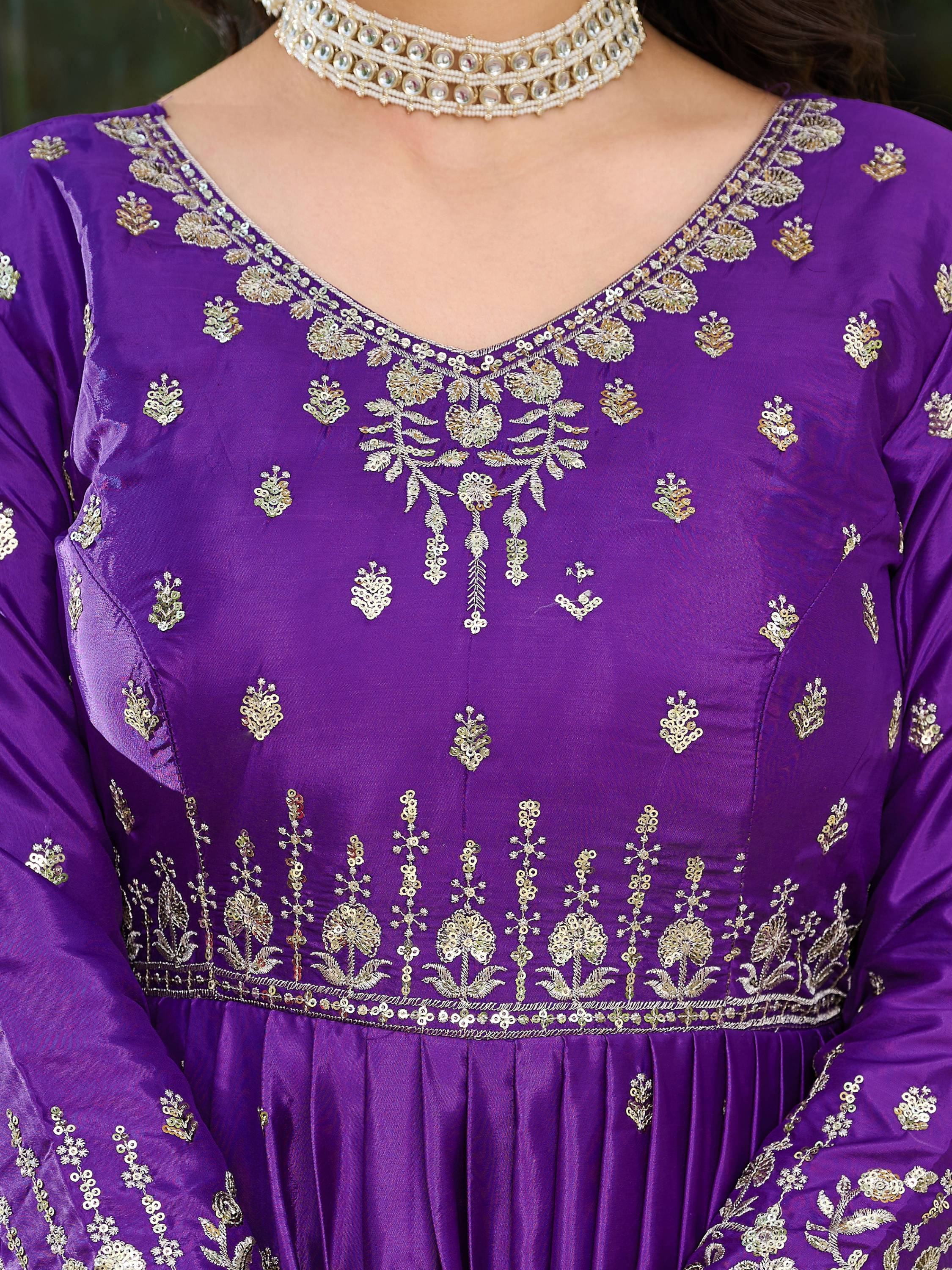 Purple Spectacular Sequins Work Silk Festive Wear Gown With Dupatta