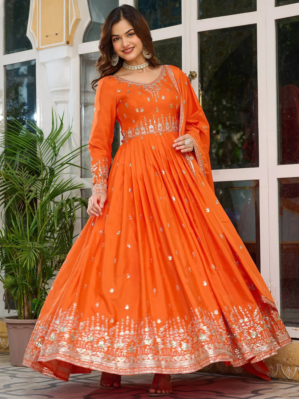 Orange Spectacular Sequins Work Silk Festive Wear Gown With Dupatta