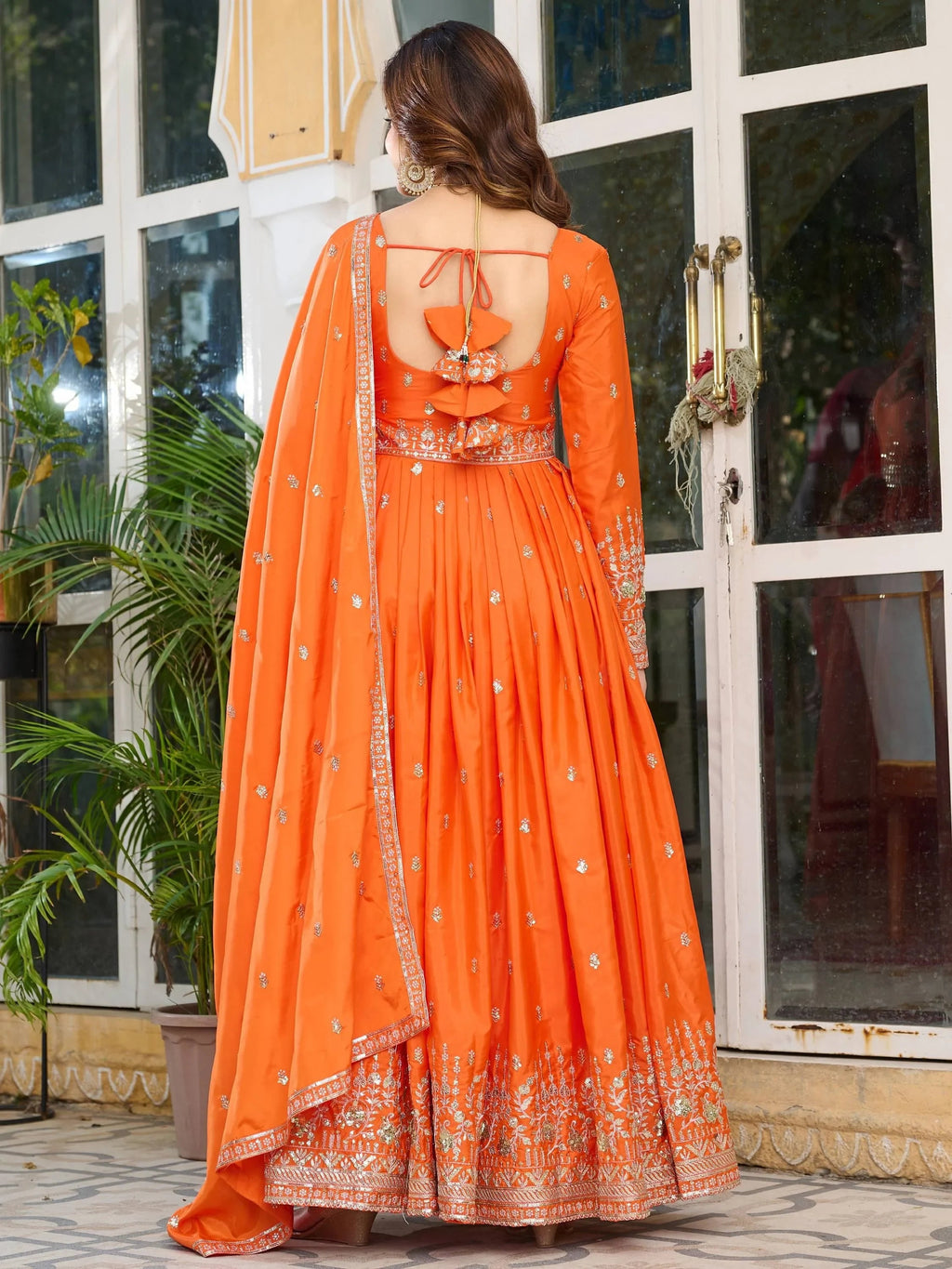 Orange Spectacular Sequins Work Silk Festive Wear Gown With Dupatta