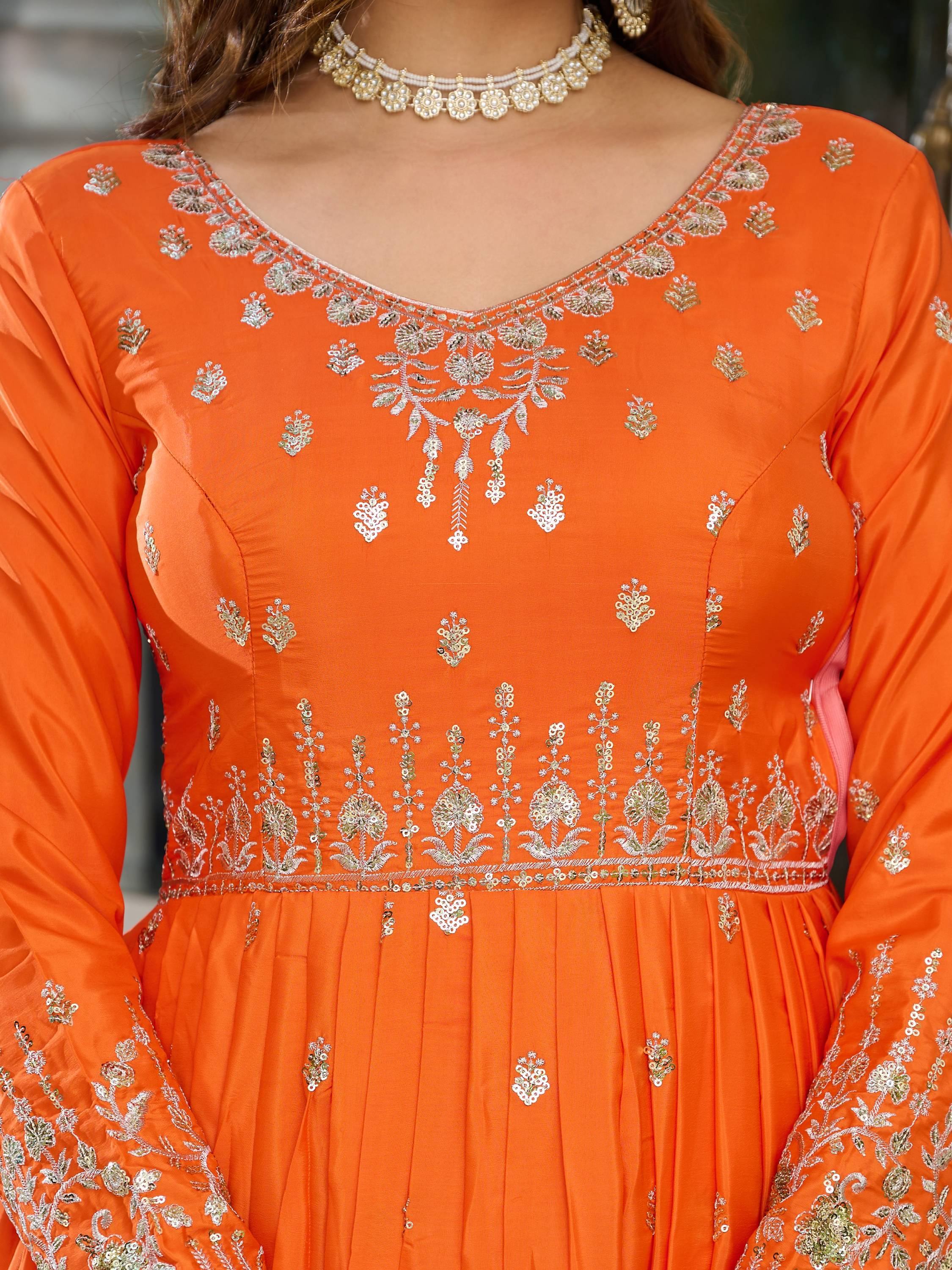Orange Spectacular Sequins Work Silk Festive Wear Gown With Dupatta