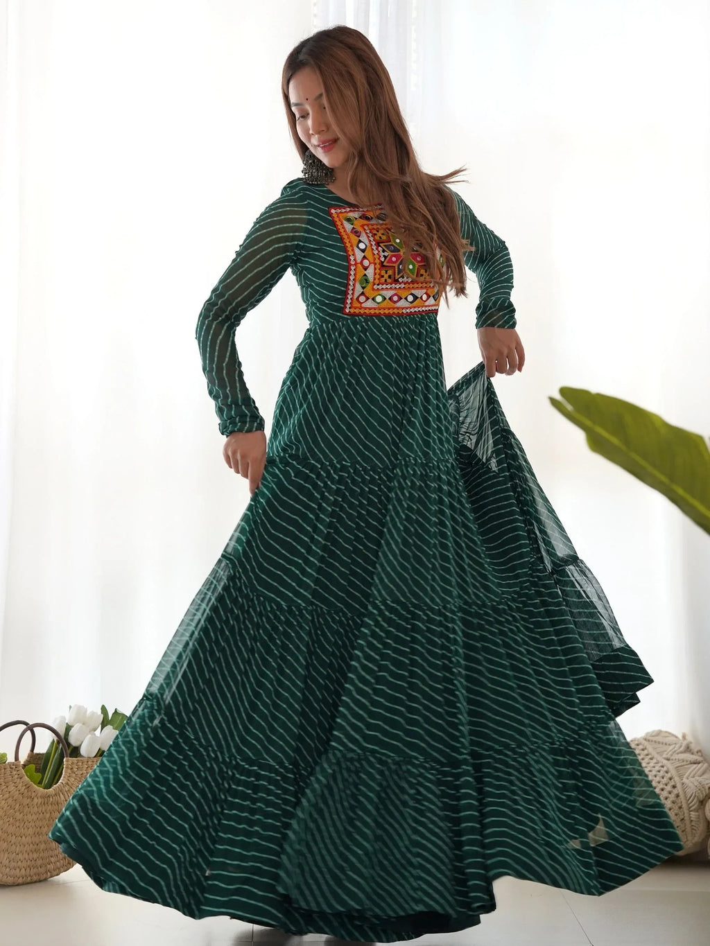 Attractive Green Laheriya Printed Georgette Navratri Wear Gown