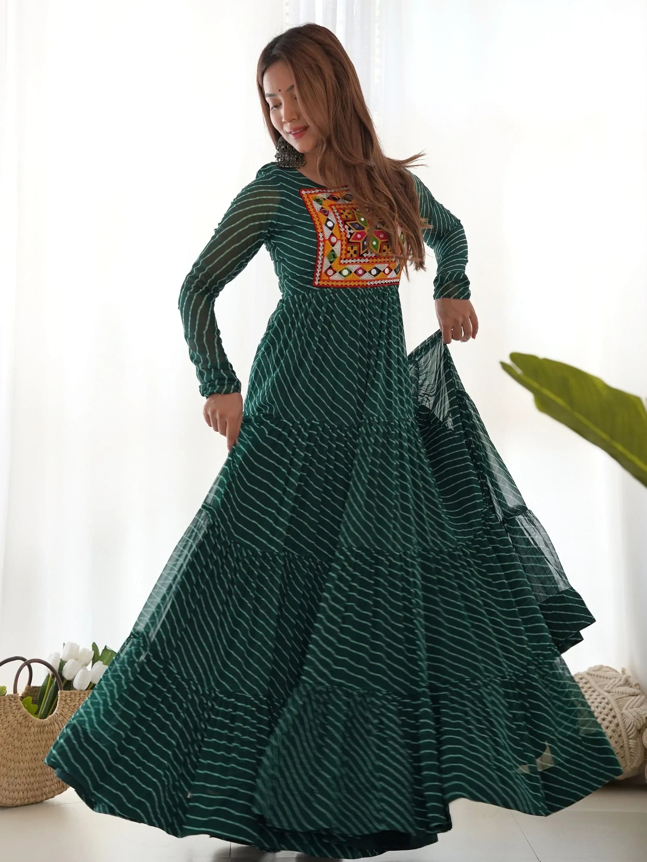 Attractive Green Laheriya Printed Georgette Navratri Wear Gown