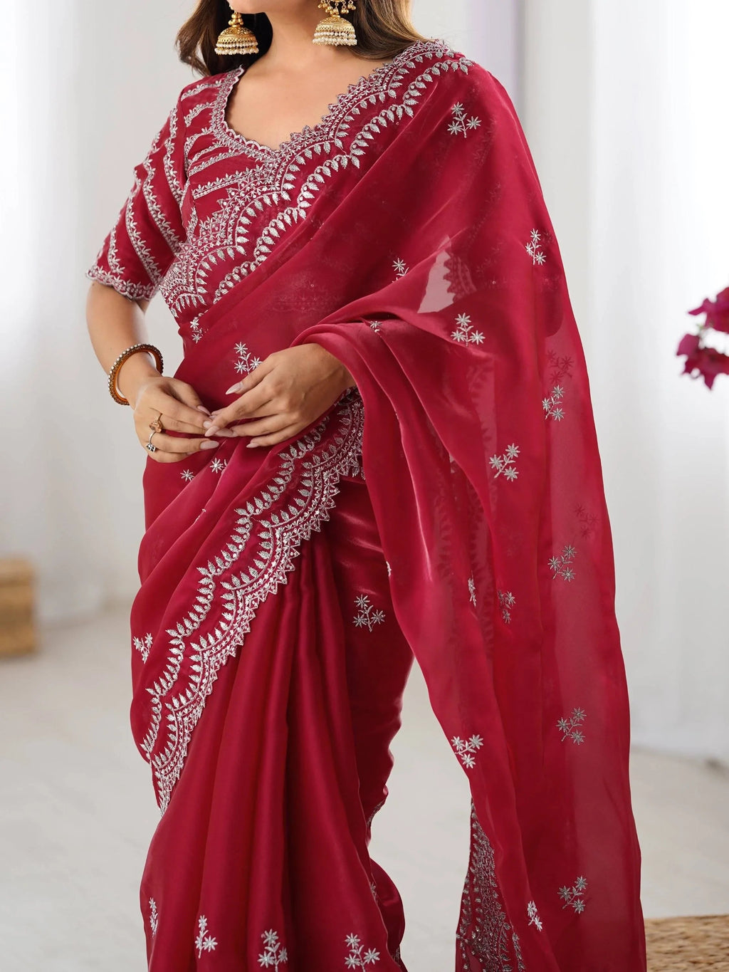 Red Attractive Thread Embroidery Organza Event Wear Saree With Blouse