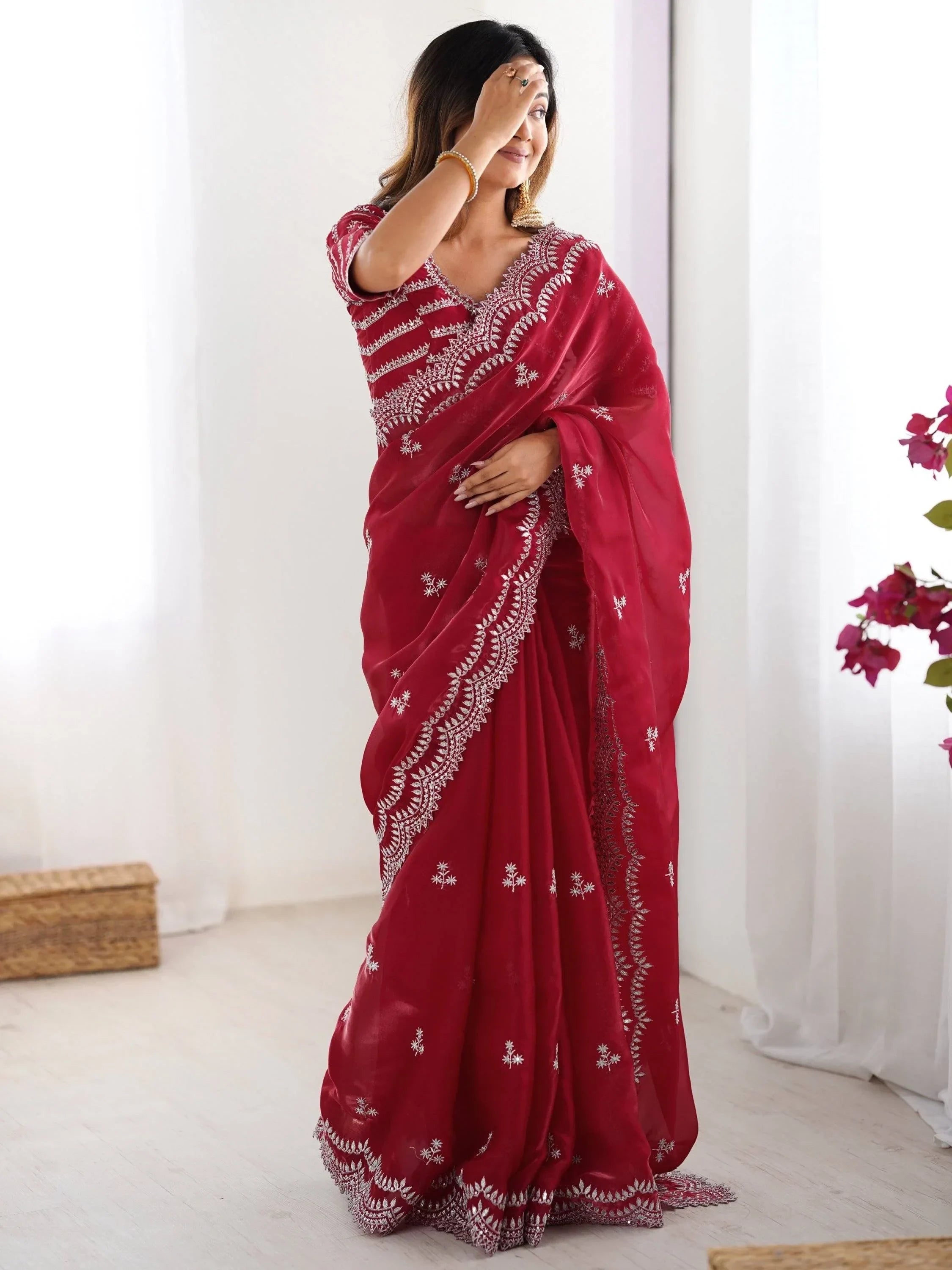 Red Attractive Thread Embroidery Organza Event Wear Saree With Blouse