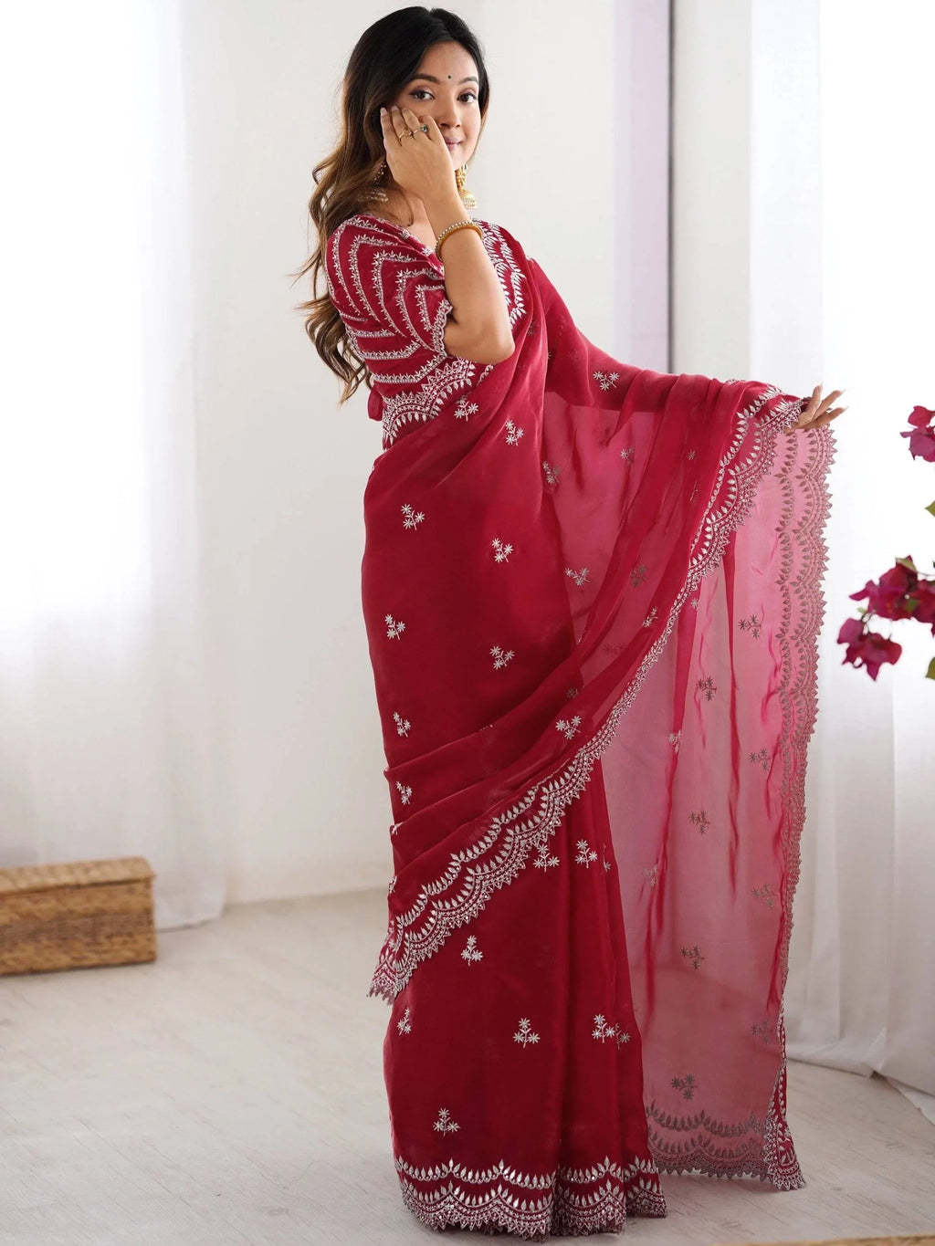 Red Attractive Thread Embroidery Organza Event Wear Saree With Blouse
