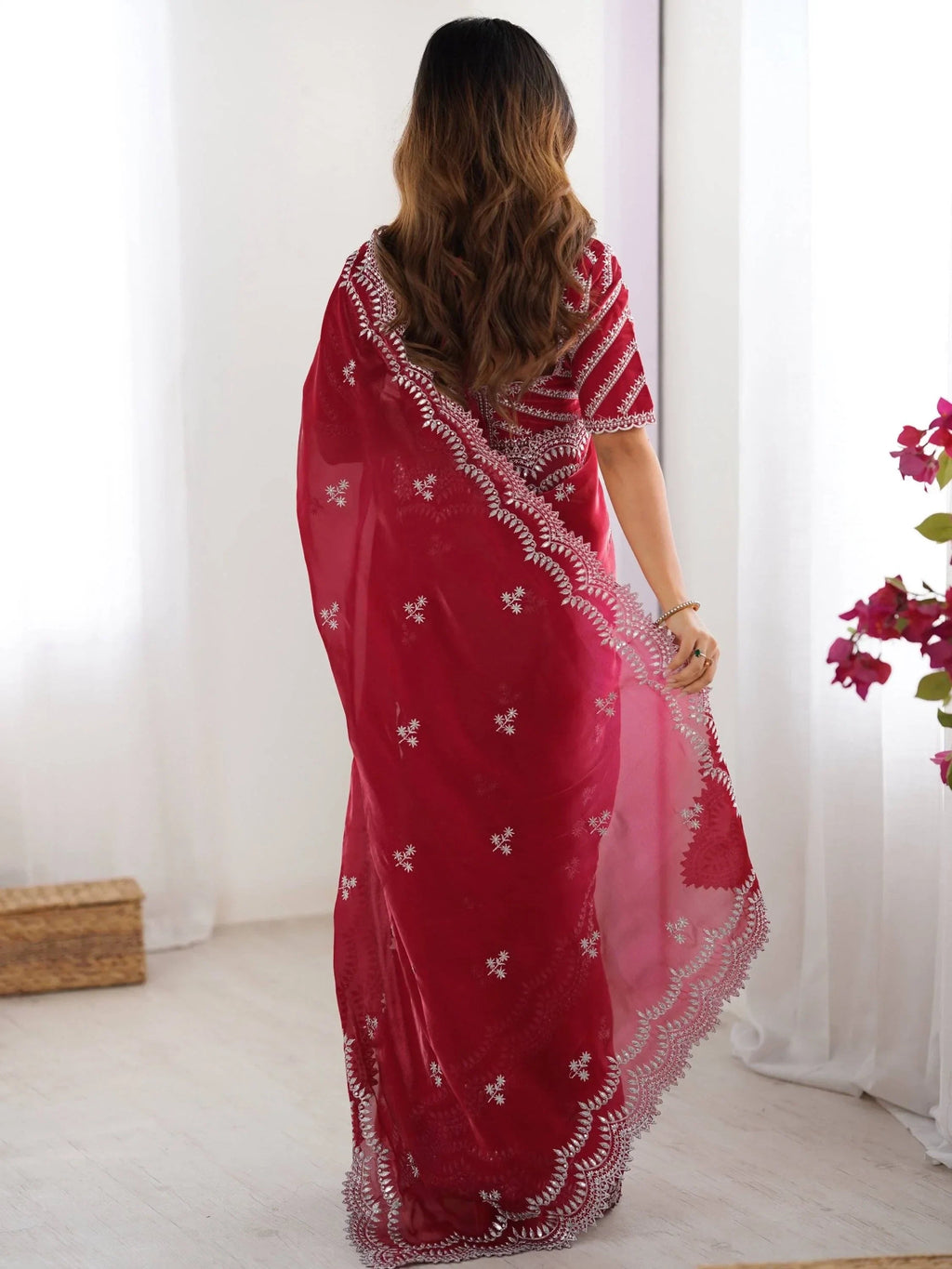 Red Attractive Thread Embroidery Organza Event Wear Saree With Blouse