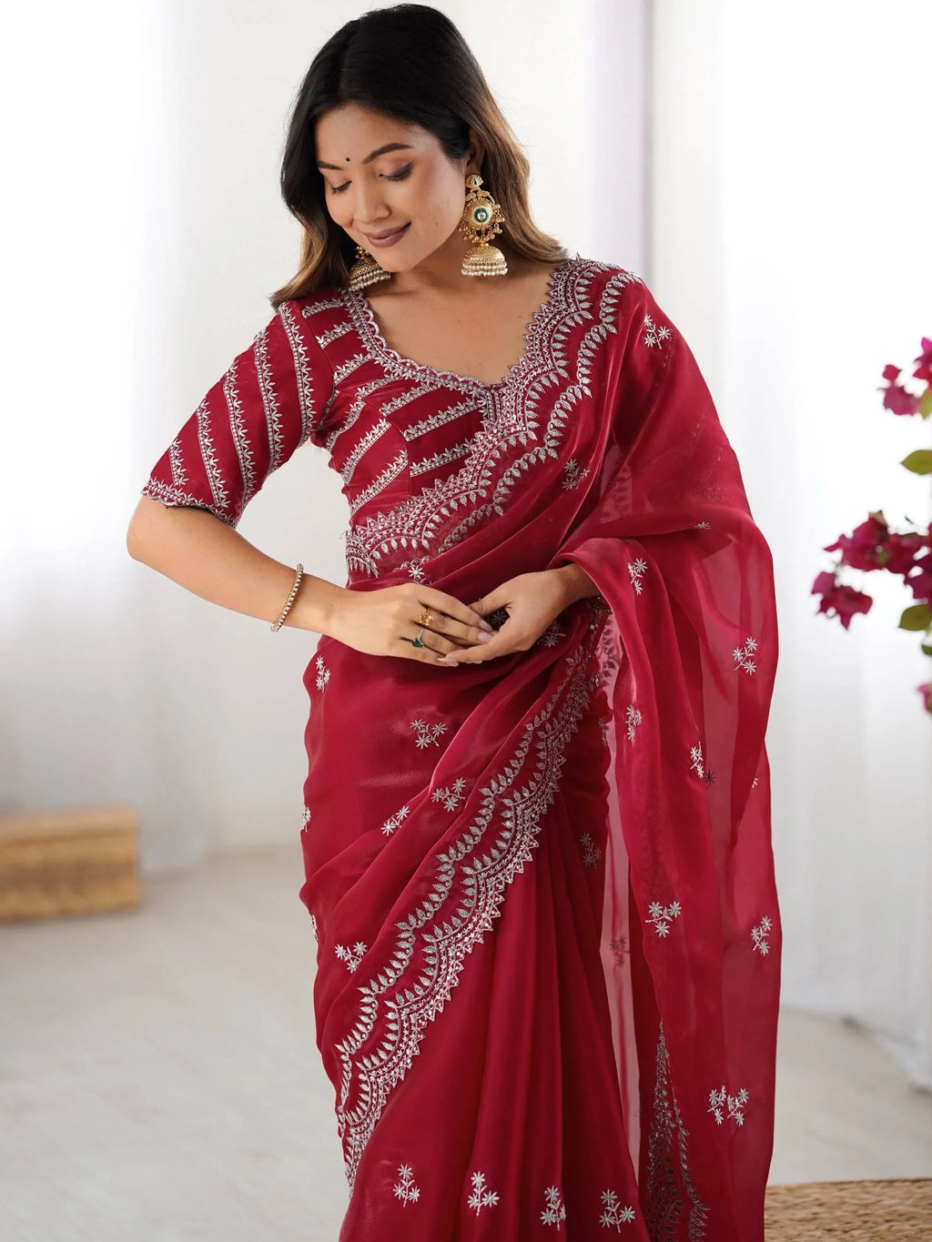 Red Attractive Thread Embroidery Organza Event Wear Saree With Blouse