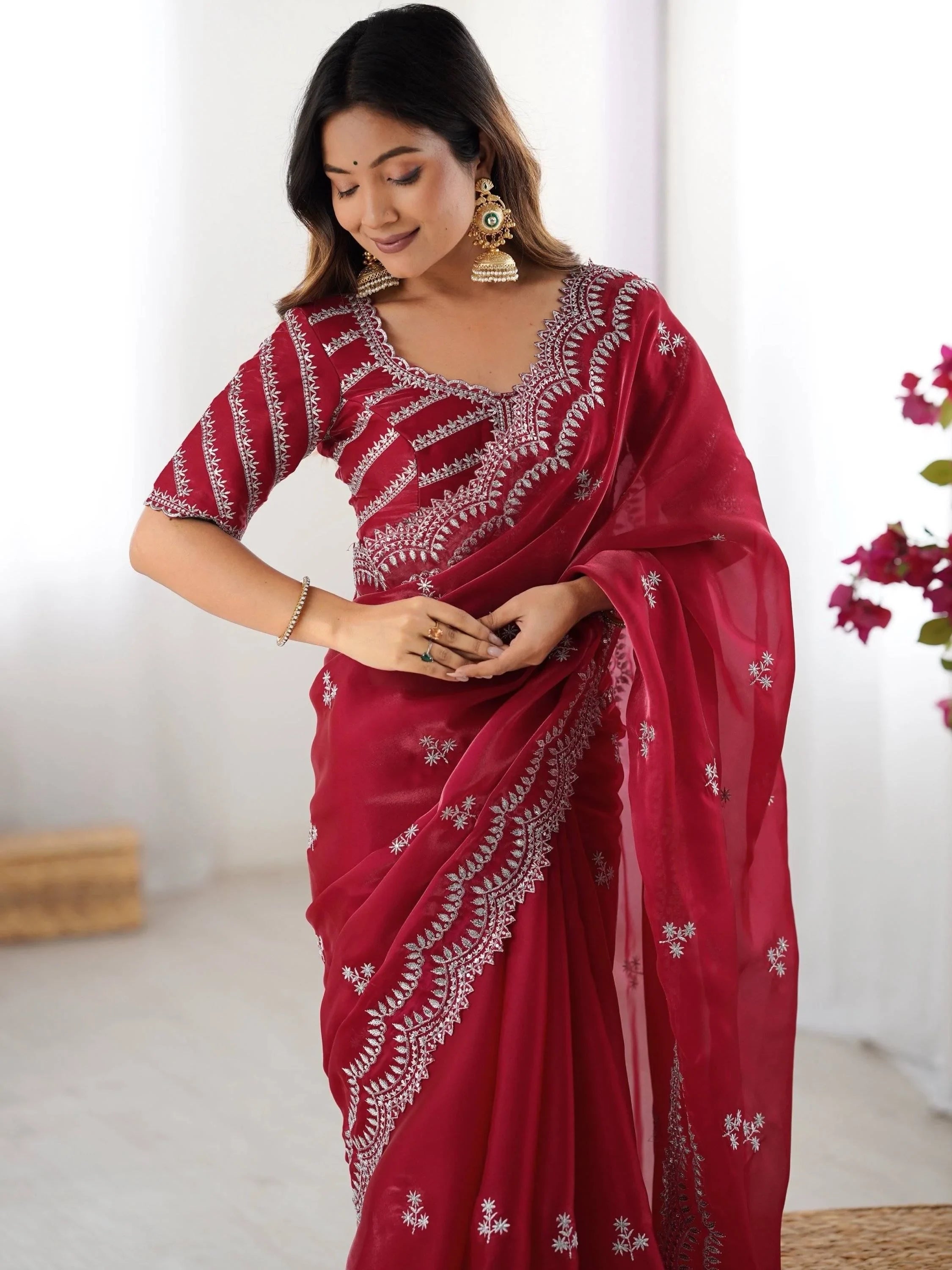 Red Attractive Thread Embroidery Organza Event Wear Saree With Blouse