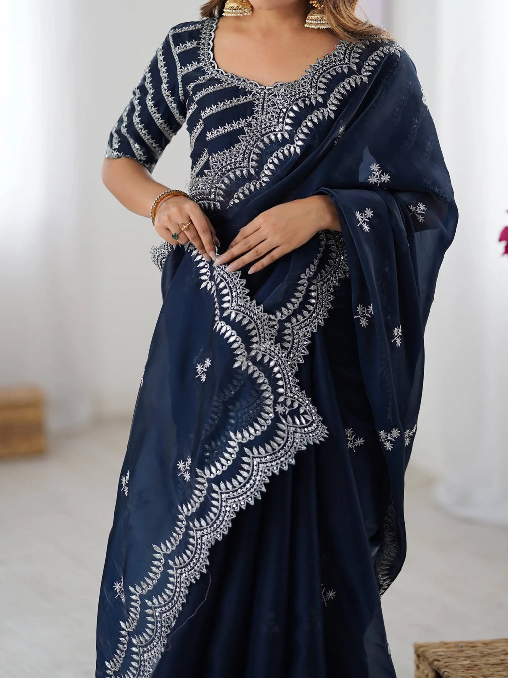 Blue Attractive Thread Embroidery Organza Event Wear Saree With Blouse