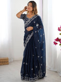 Blue Attractive Thread Embroidery Organza Event Wear Saree With Blouse