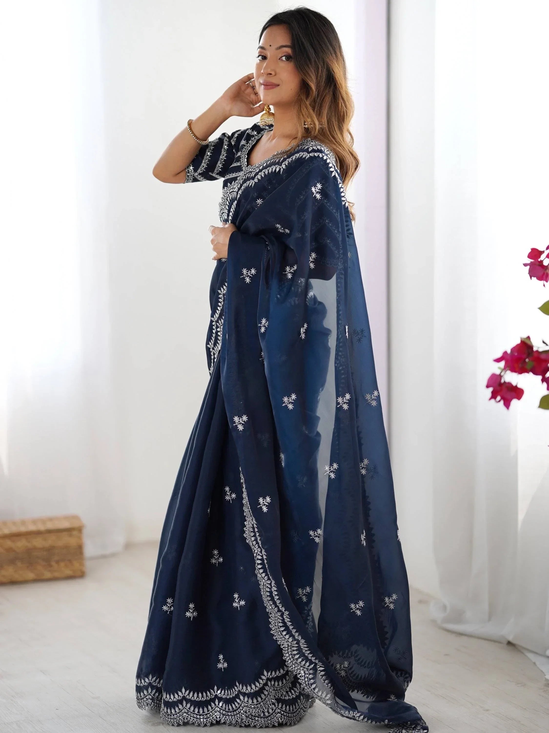 Blue Attractive Thread Embroidery Organza Event Wear Saree With Blouse