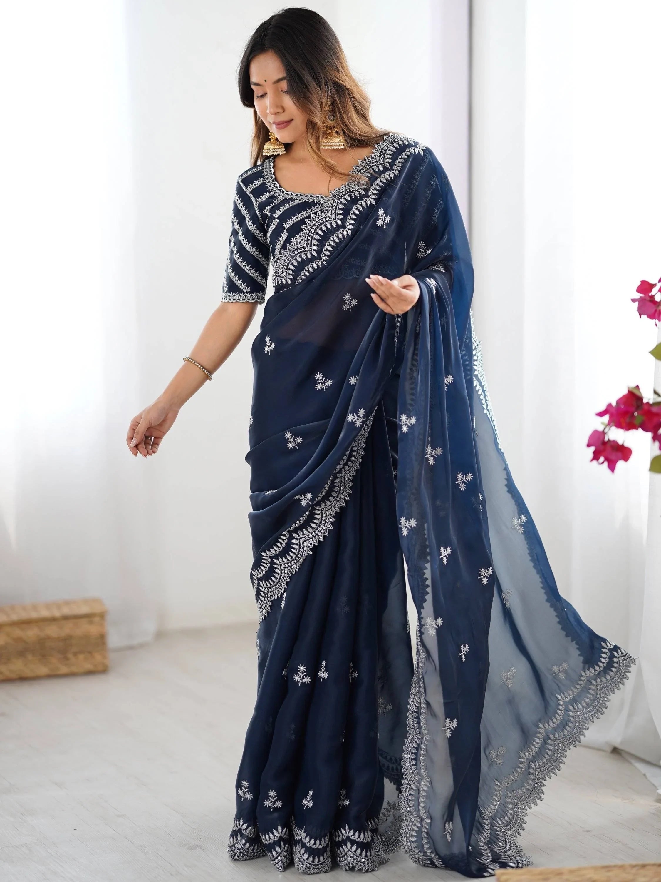 Blue Attractive Thread Embroidery Organza Event Wear Saree With Blouse