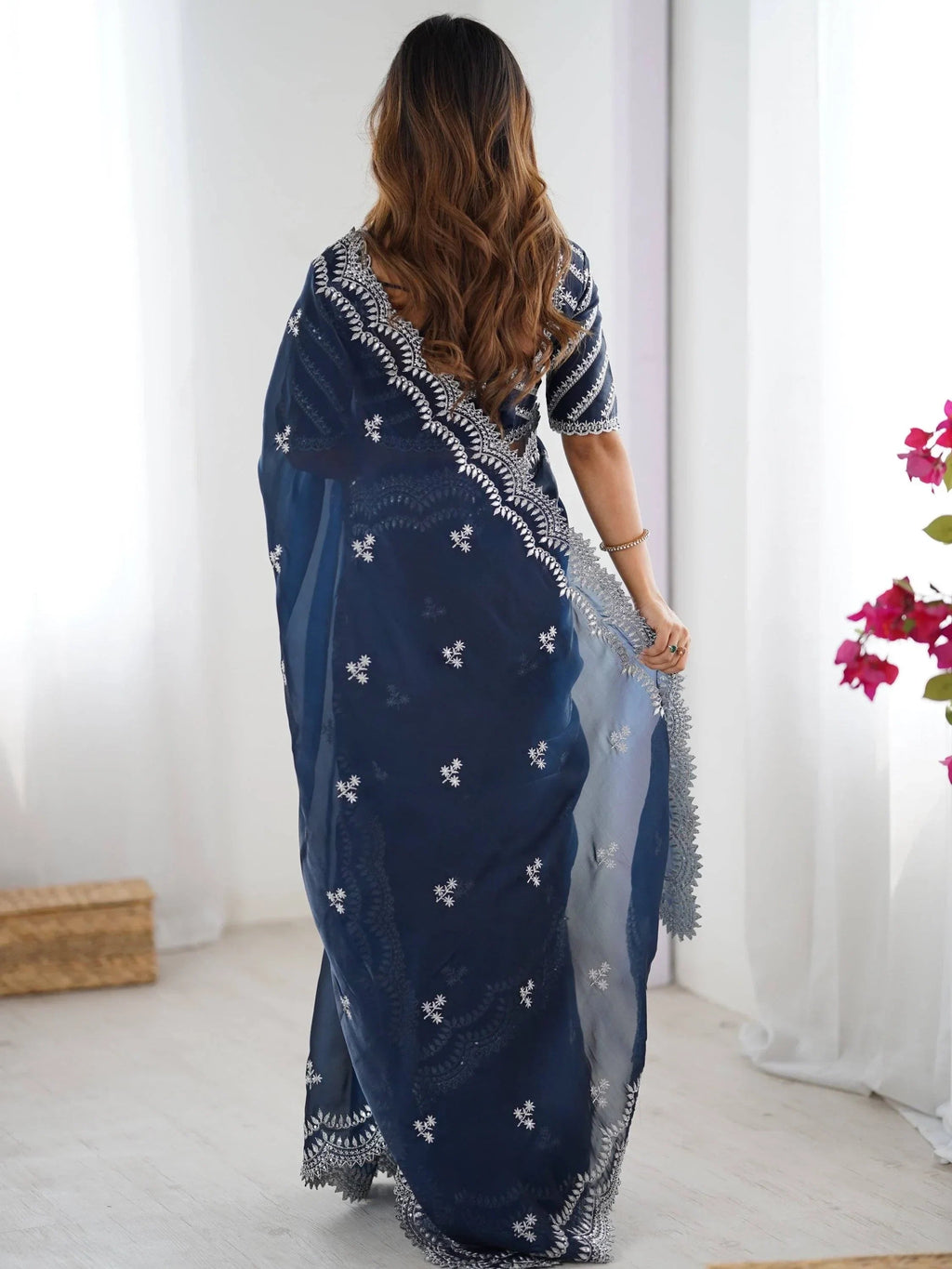 Blue Attractive Thread Embroidery Organza Event Wear Saree With Blouse