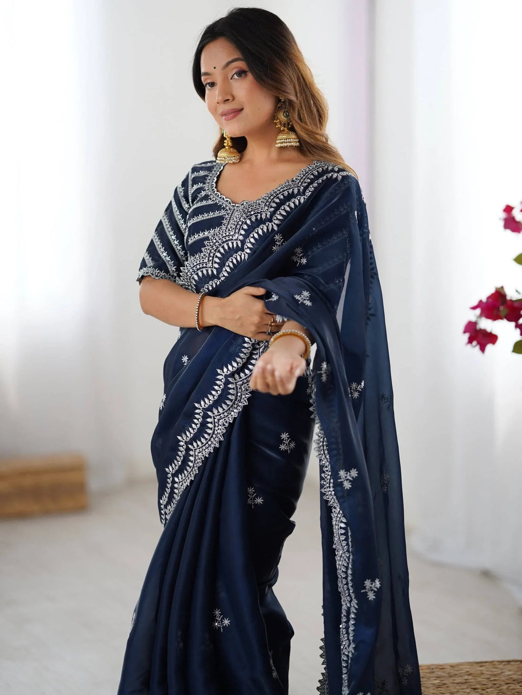 Blue Attractive Thread Embroidery Organza Event Wear Saree With Blouse