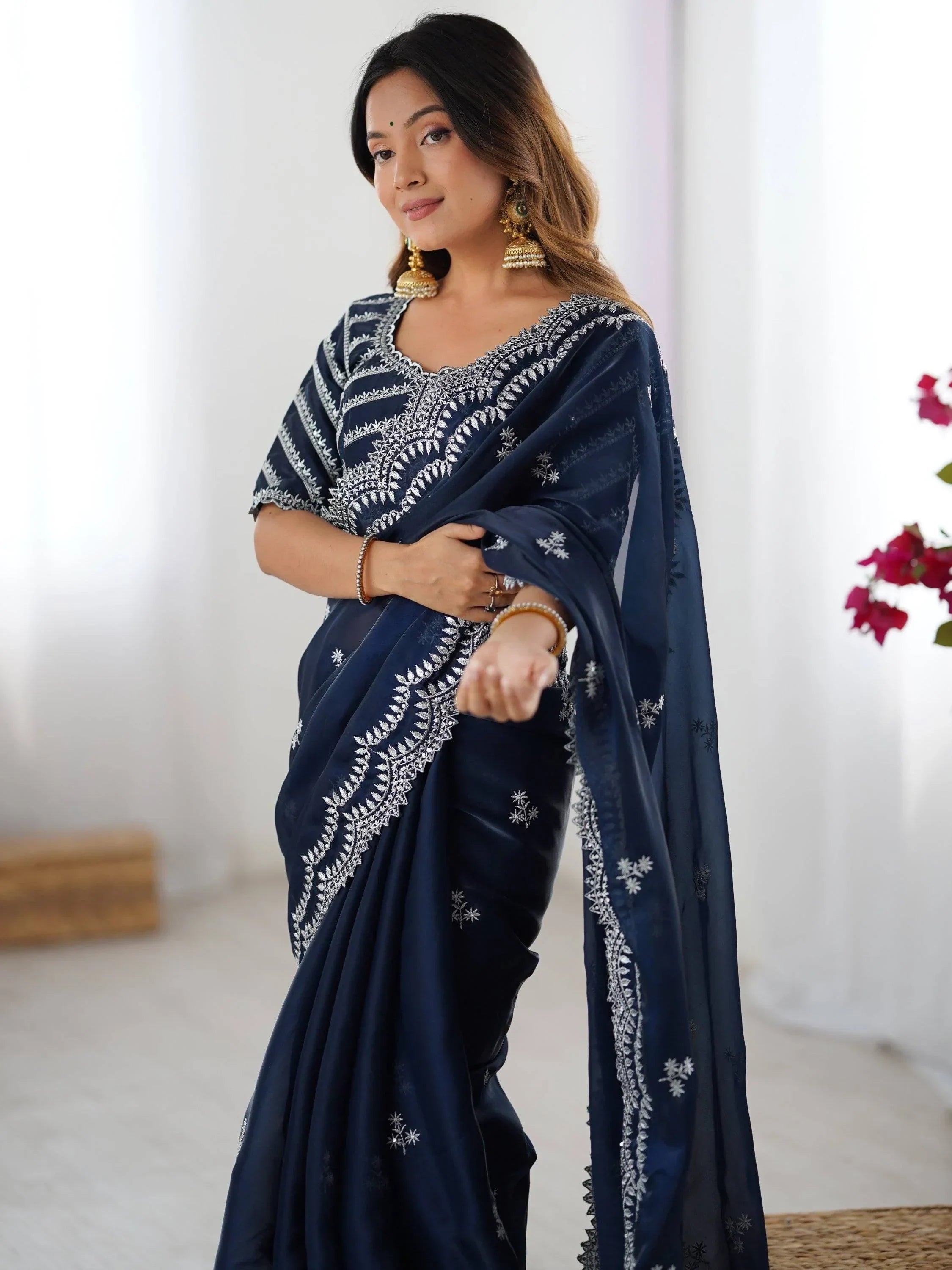 Blue Attractive Thread Embroidery Organza Event Wear Saree With Blouse