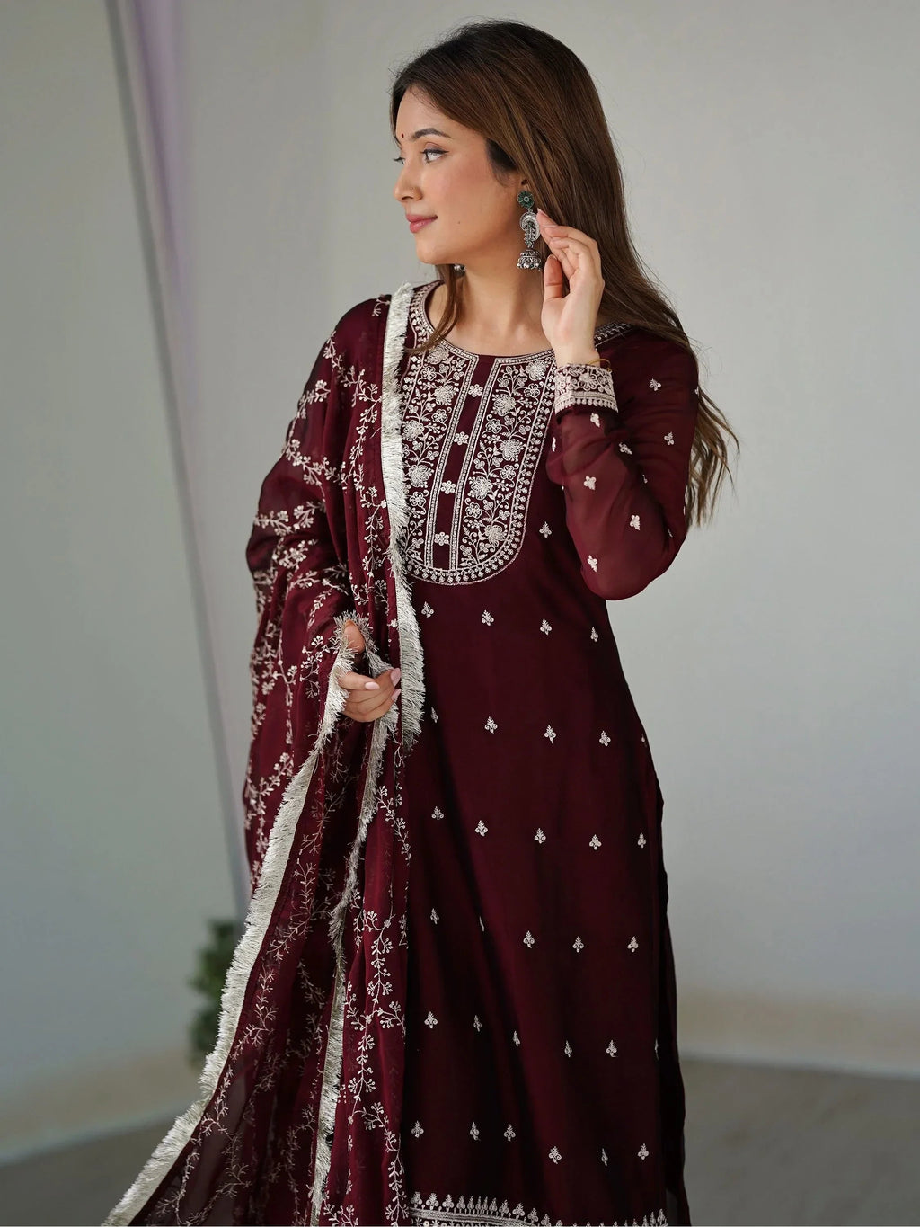 Maroon Superb Thread Work Silk Reception Wear Pant Suit With Dupatta