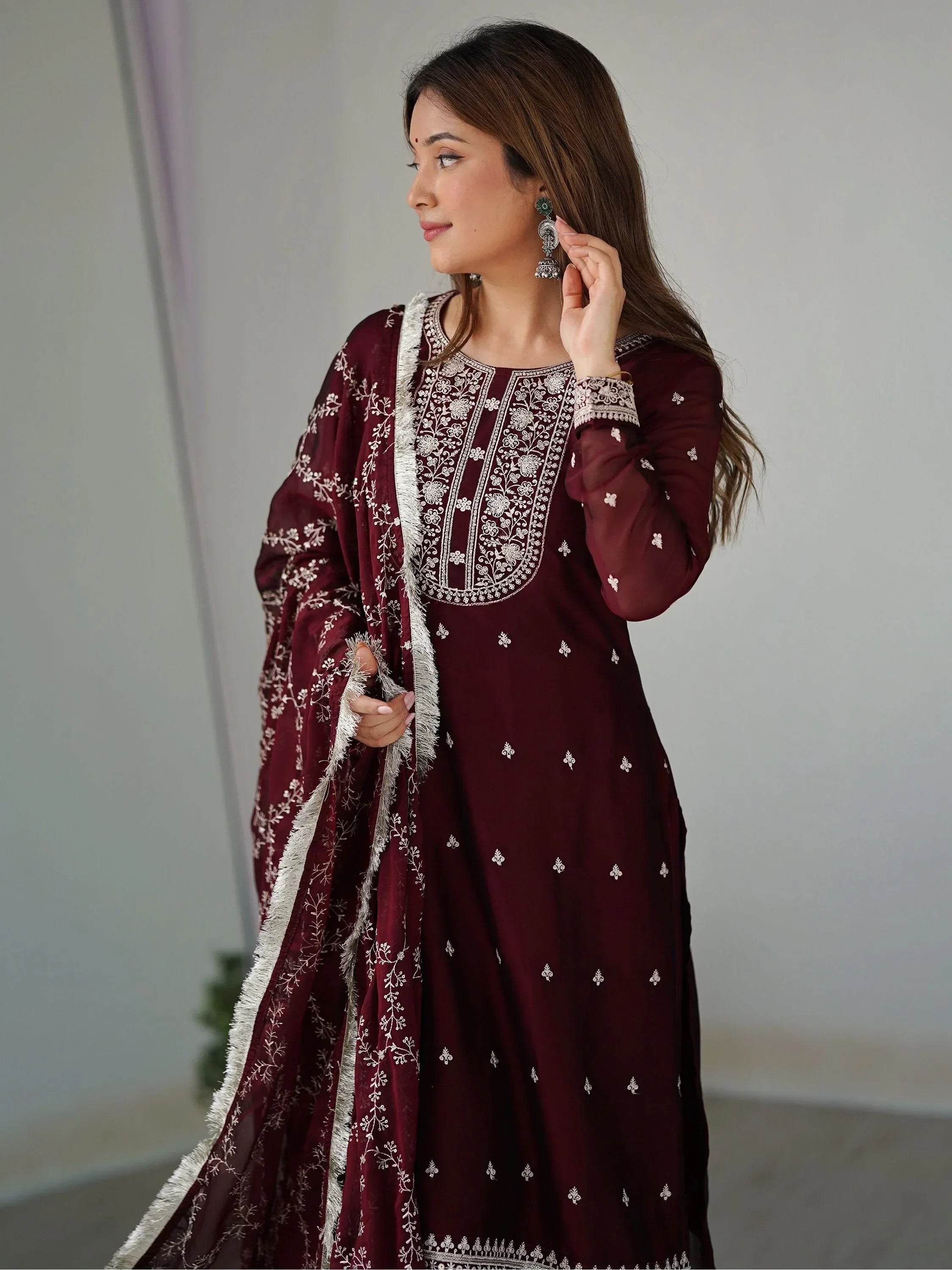Maroon Superb Thread Work Silk Reception Wear Pant Suit With Dupatta
