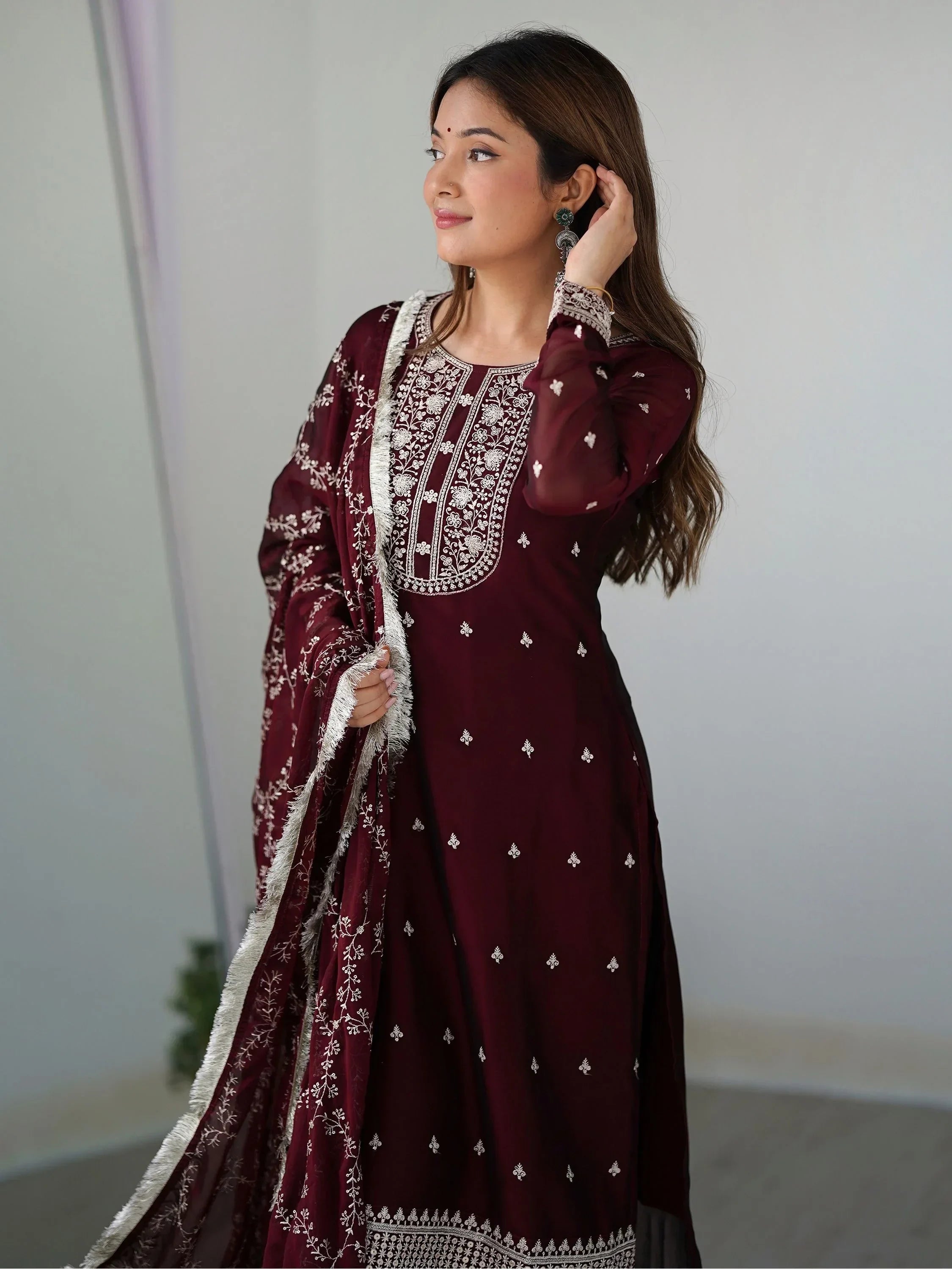 Maroon Superb Thread Work Silk Reception Wear Pant Suit With Dupatta
