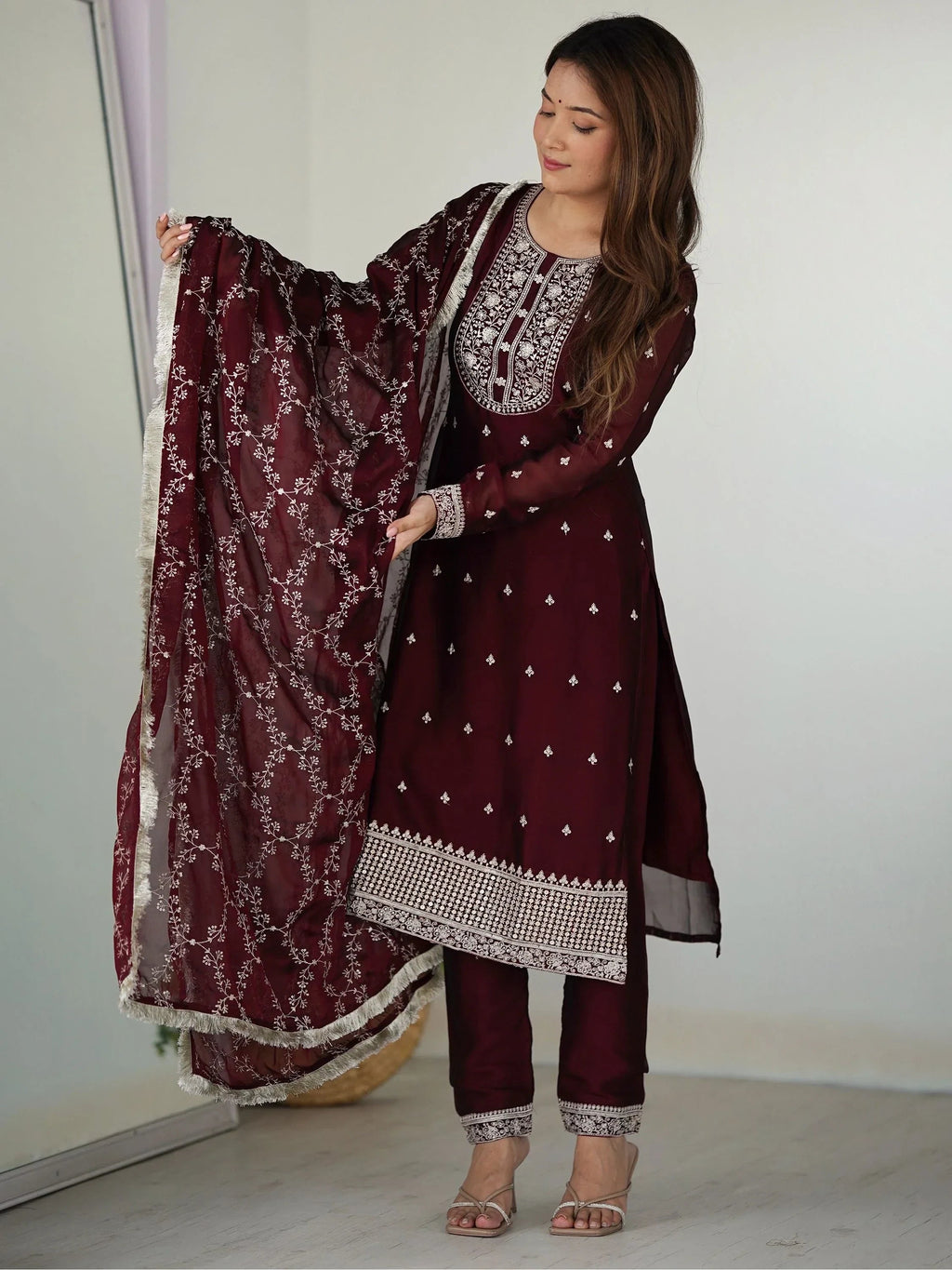 Maroon Superb Thread Work Silk Reception Wear Pant Suit With Dupatta