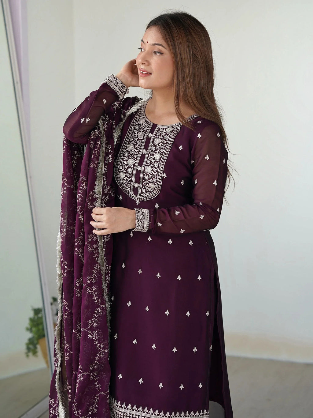 Purple Superb Thread Work Silk Reception Wear Pant Suit With Dupatta