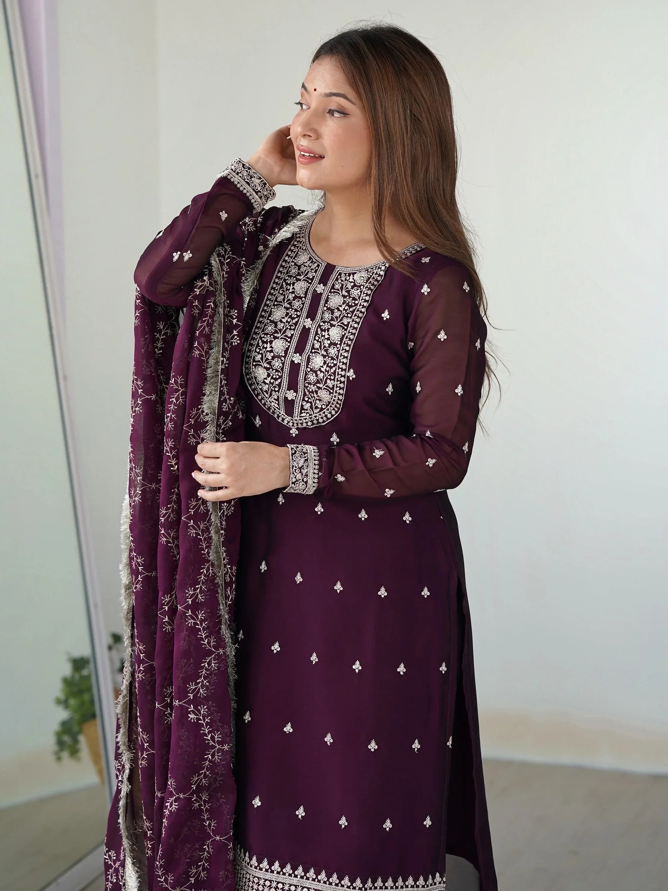 Purple Superb Thread Work Silk Reception Wear Pant Suit With Dupatta