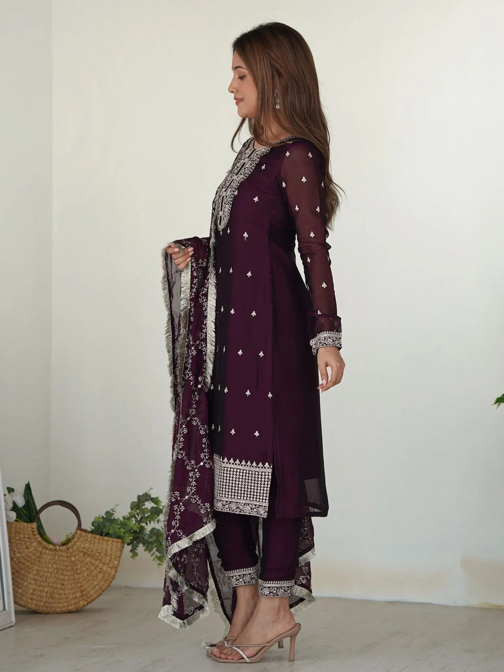 Purple Superb Thread Work Silk Reception Wear Pant Suit With Dupatta
