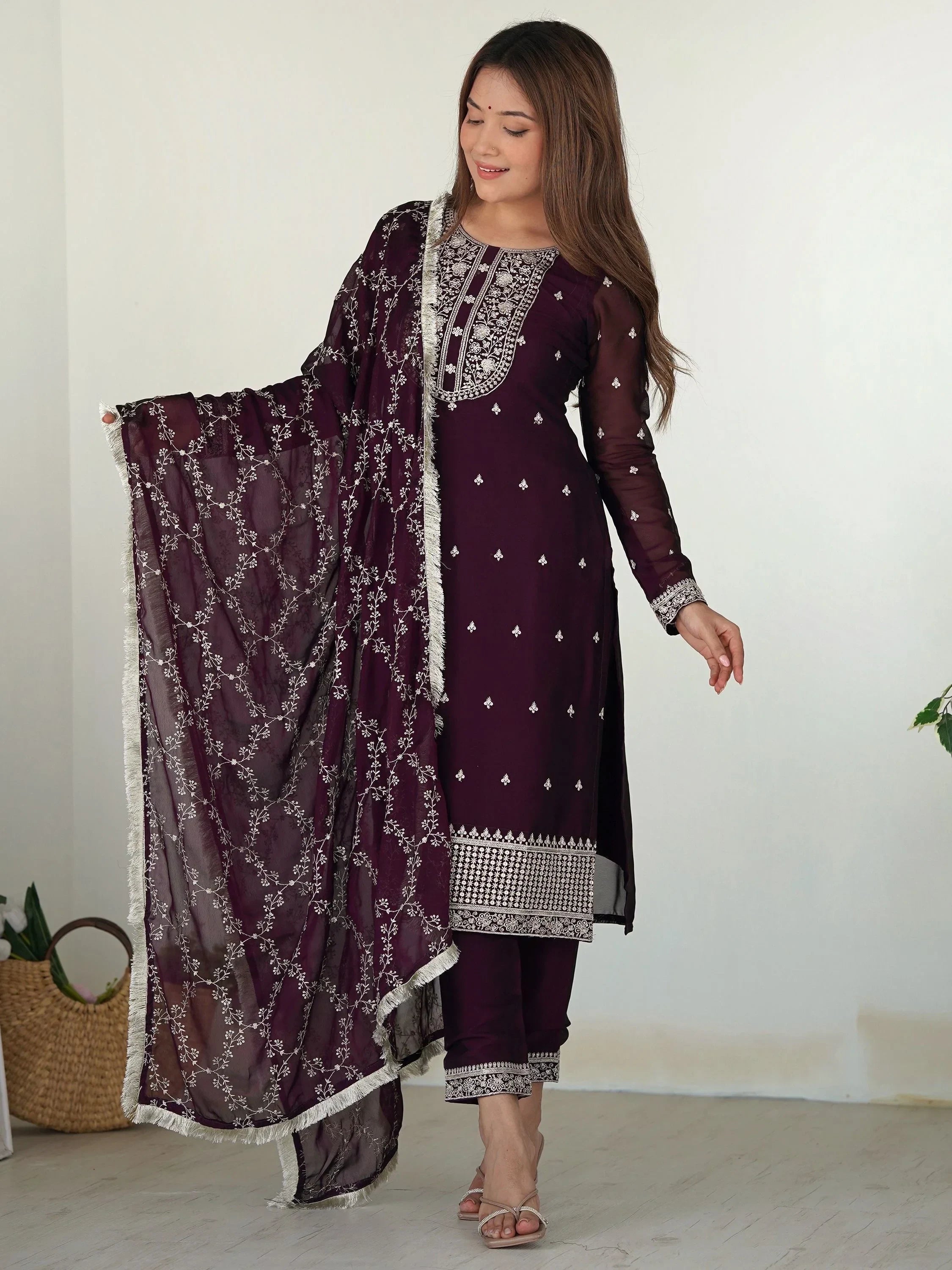 Purple Superb Thread Work Silk Reception Wear Pant Suit With Dupatta