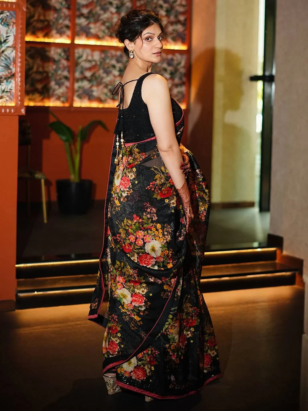 Astonishing Black Floral Printed Organza Party Wear Saree With Blouse