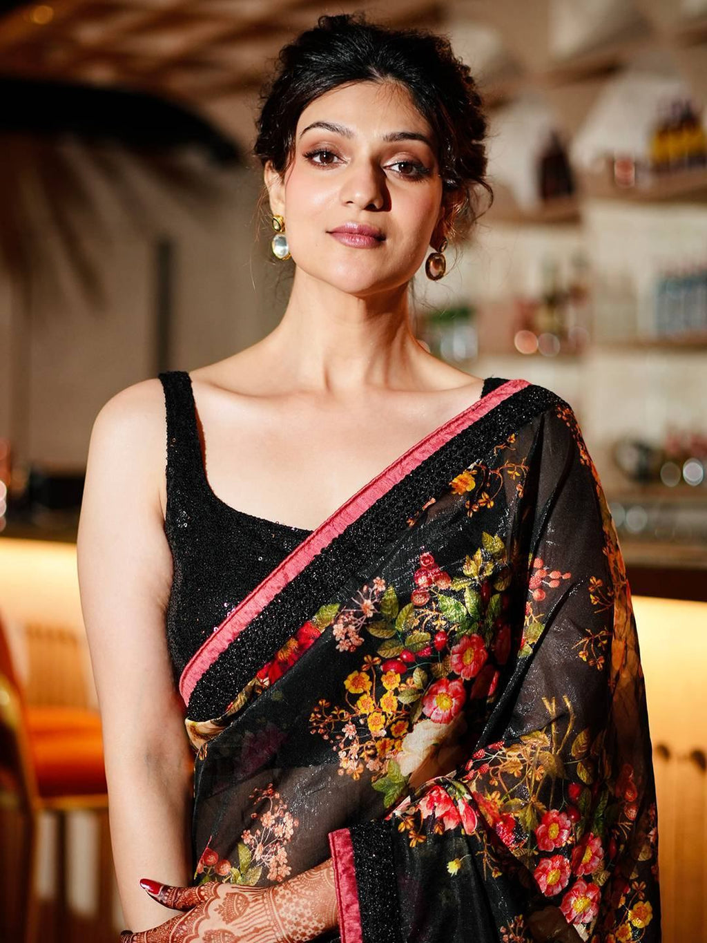 Astonishing Black Floral Printed Organza Party Wear Saree With Blouse