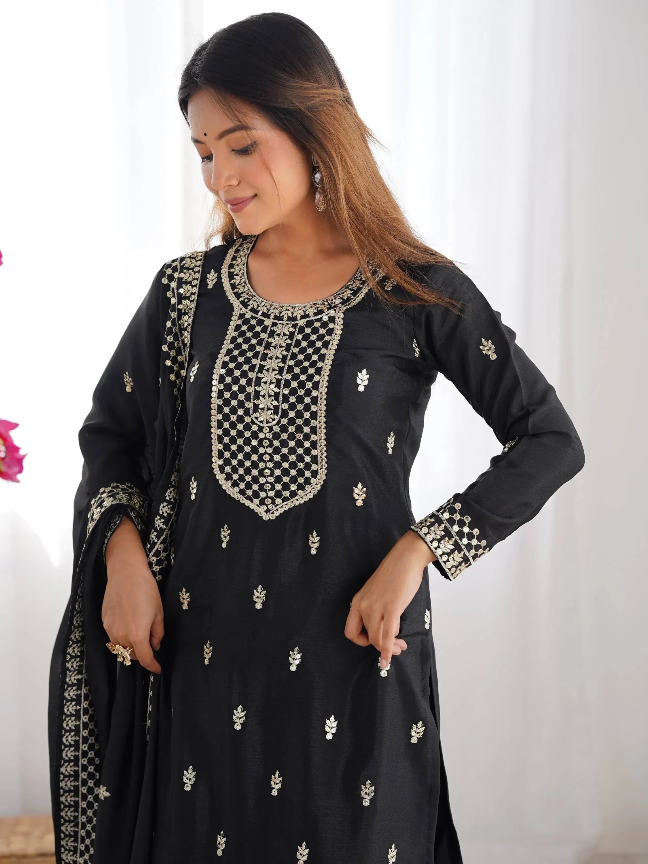 Black Gorgeous Sequins Chinon Silk Party Wear Palazzo Suit
