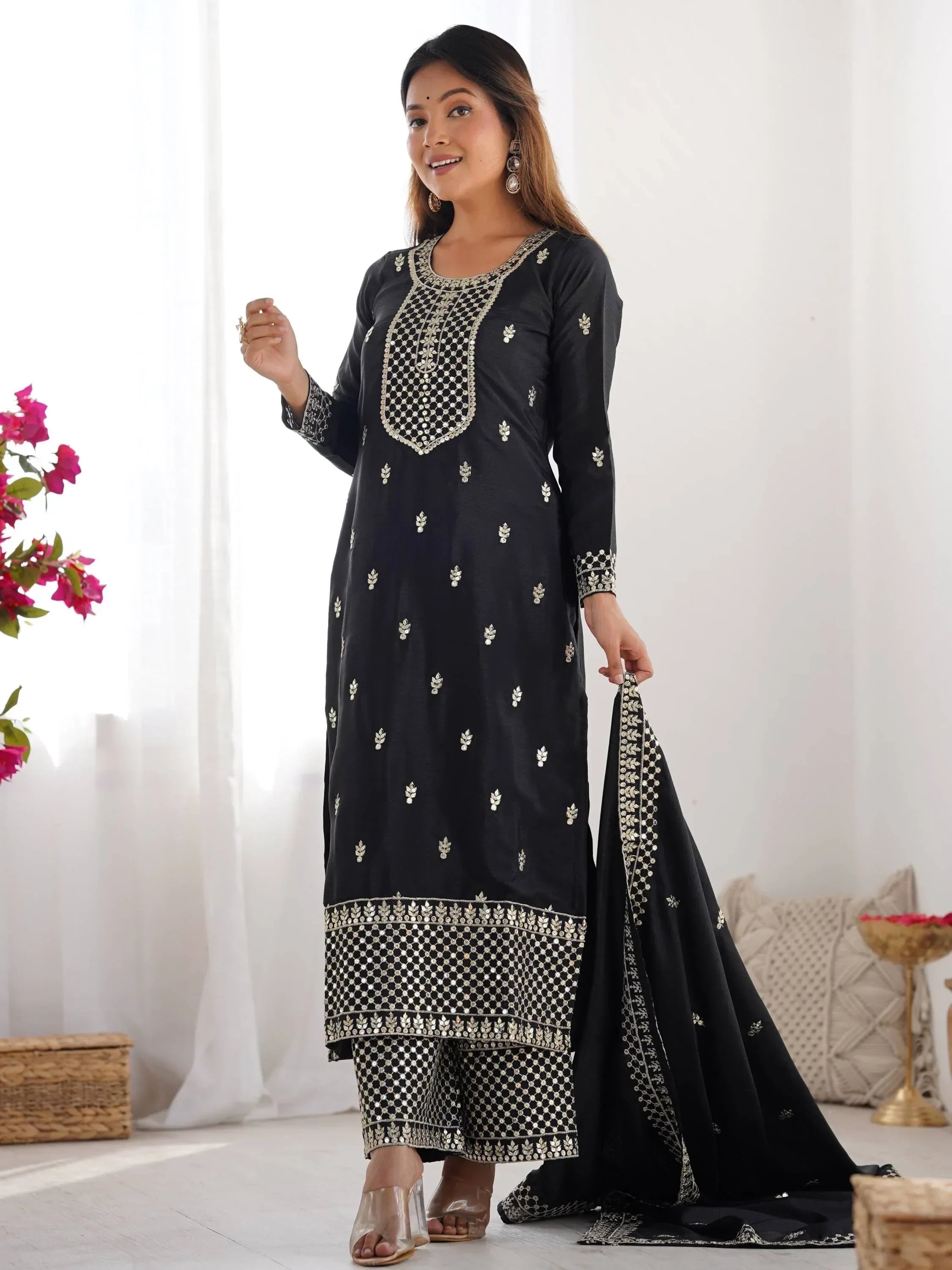 Black Gorgeous Sequins Chinon Silk Party Wear Palazzo Suit