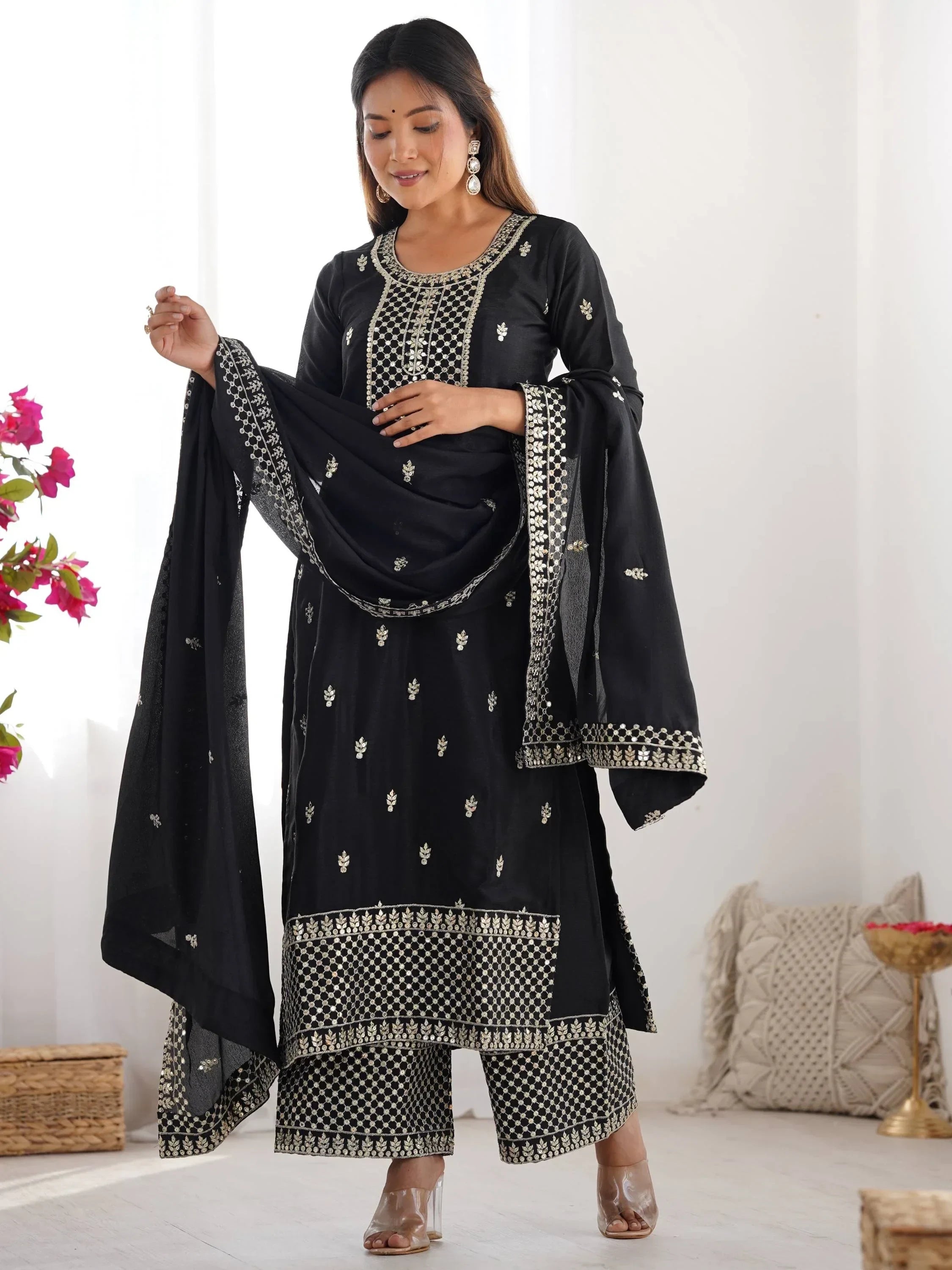 Black Gorgeous Sequins Chinon Silk Party Wear Palazzo Suit