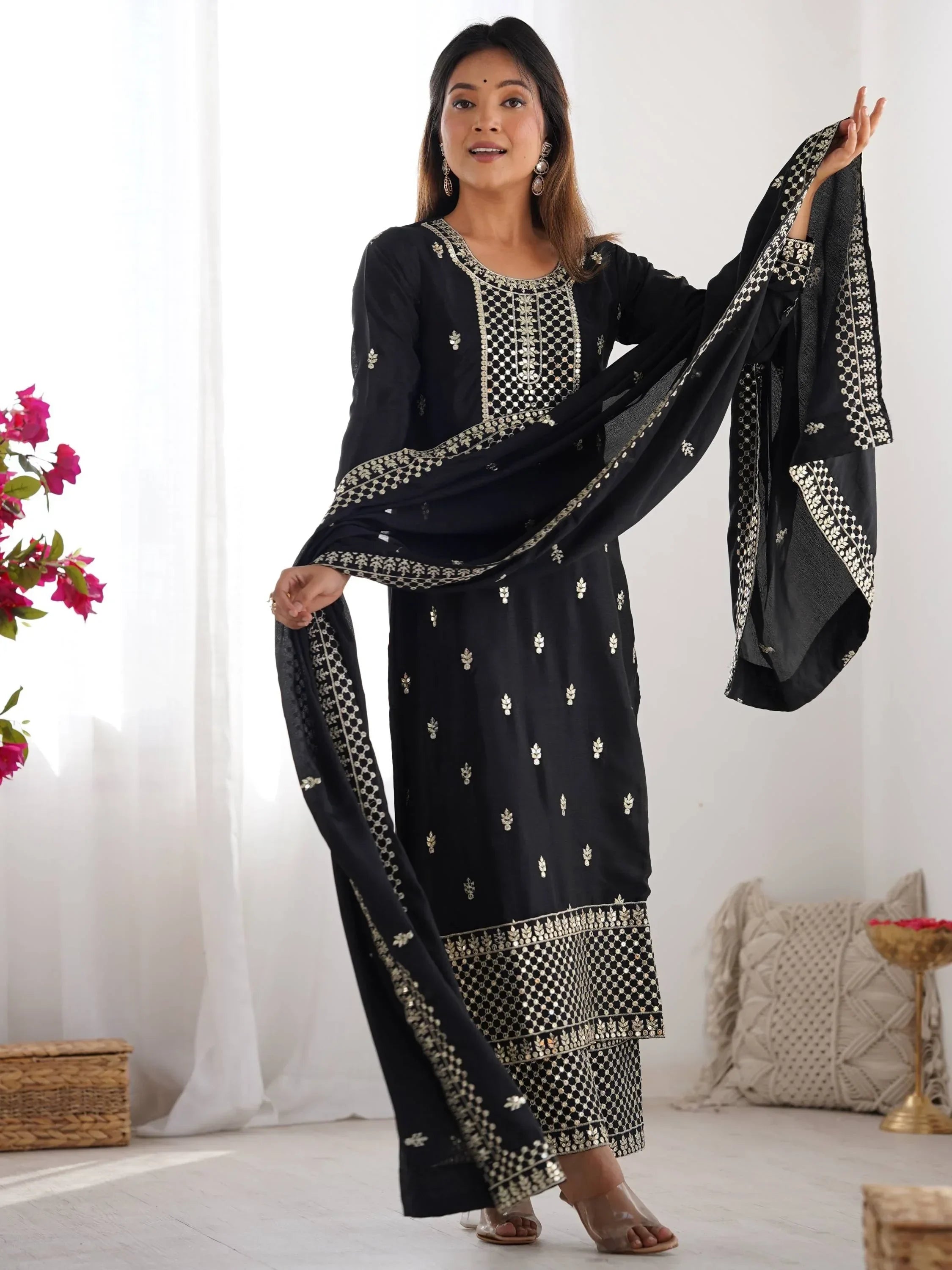 Black Gorgeous Sequins Chinon Silk Party Wear Palazzo Suit