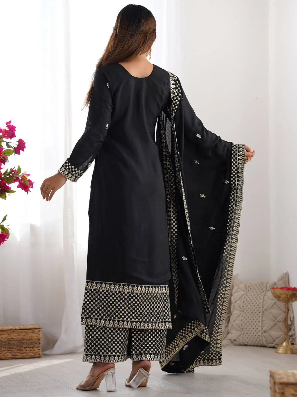 Black Gorgeous Sequins Chinon Silk Party Wear Palazzo Suit