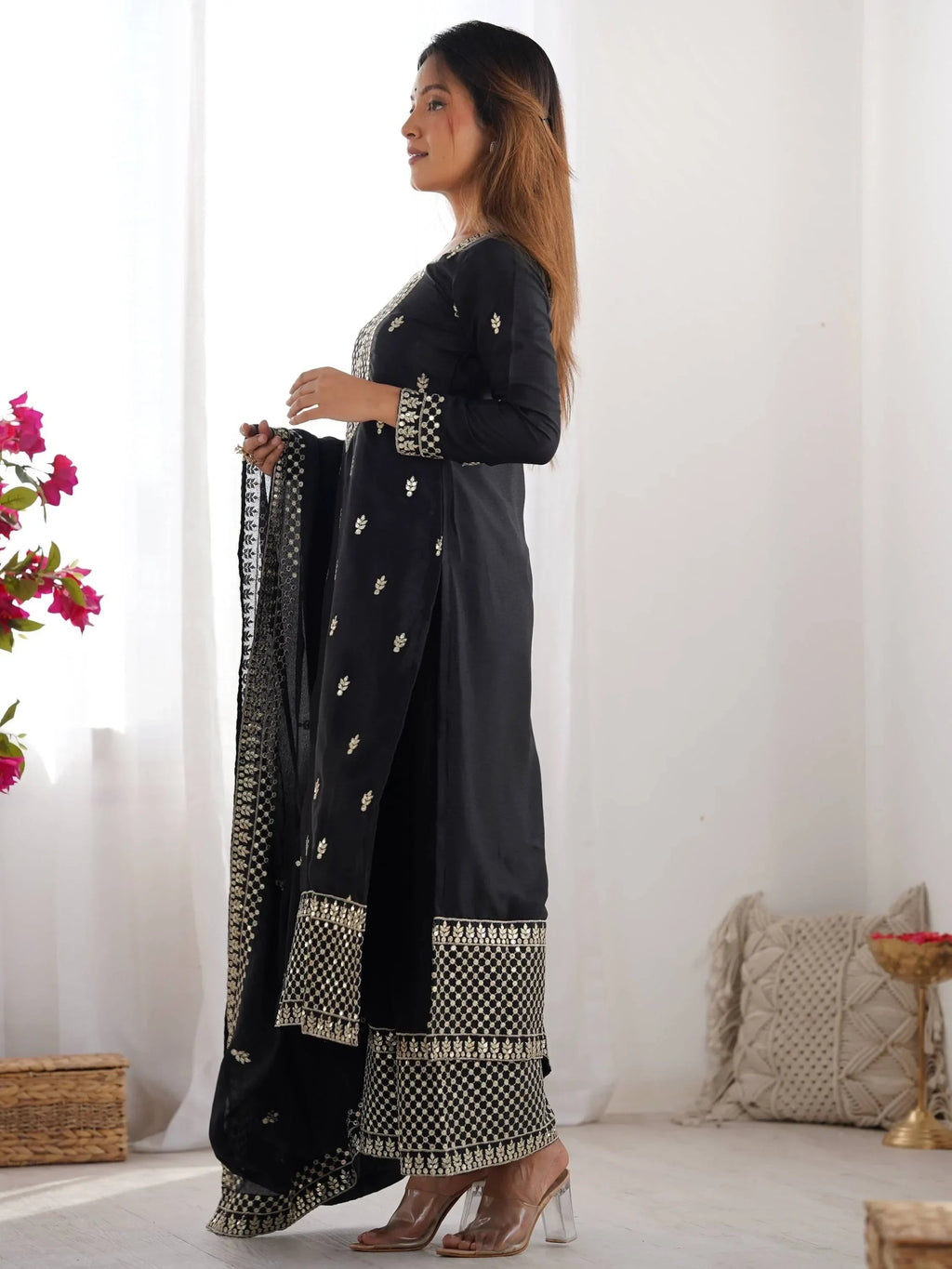 Black Gorgeous Sequins Chinon Silk Party Wear Palazzo Suit