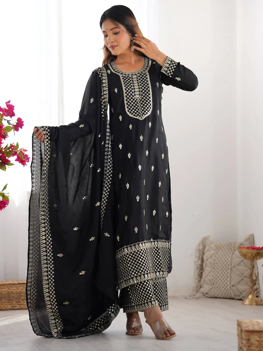 Black Gorgeous Sequins Chinon Silk Party Wear Palazzo Suit